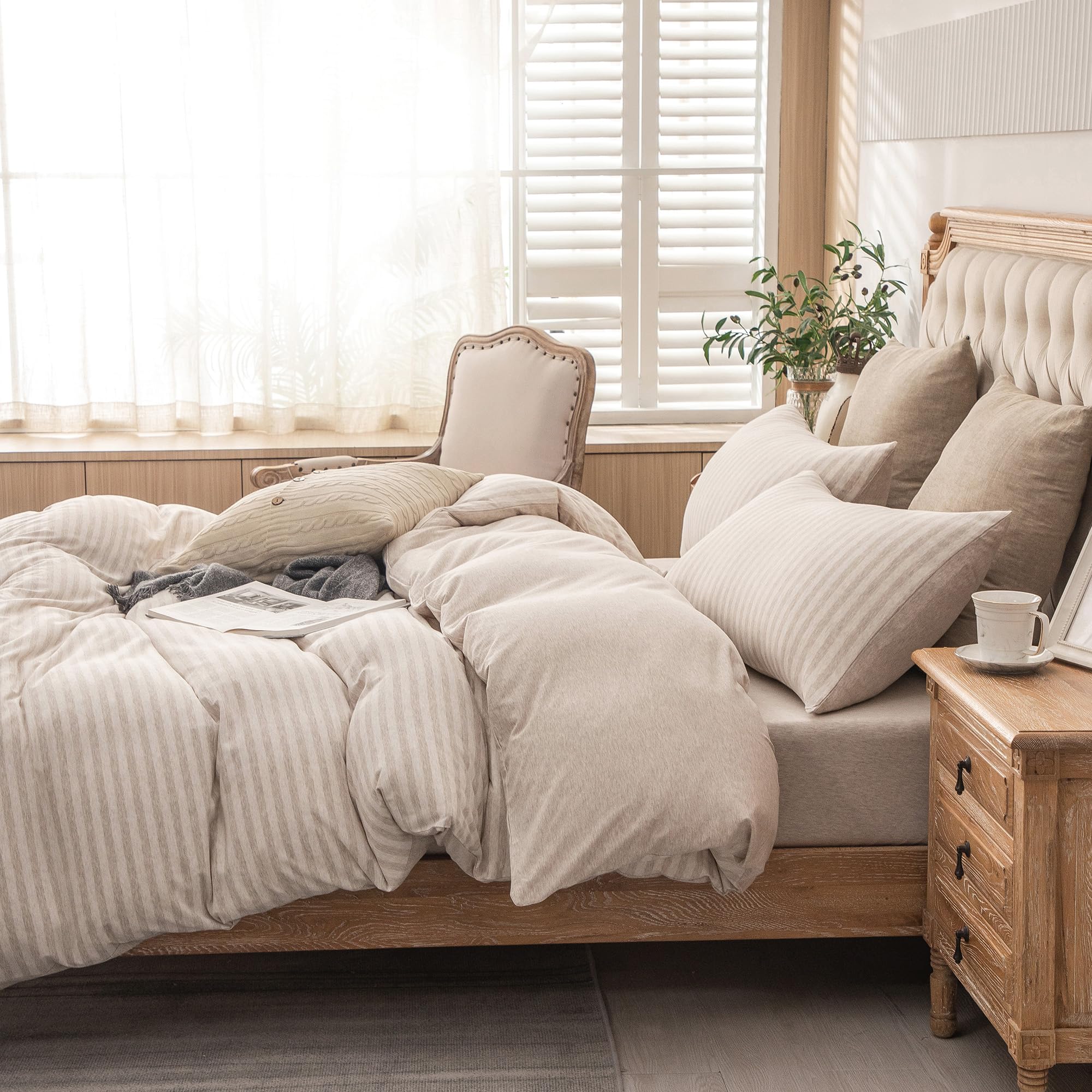 Jersey Knit 2pc Duvet Cover Set 100% T-Shirt Heather Cotton Super Soft Comfy Classic Striped Design, with Zipper Closure, Heather Beige Stripe, Twin