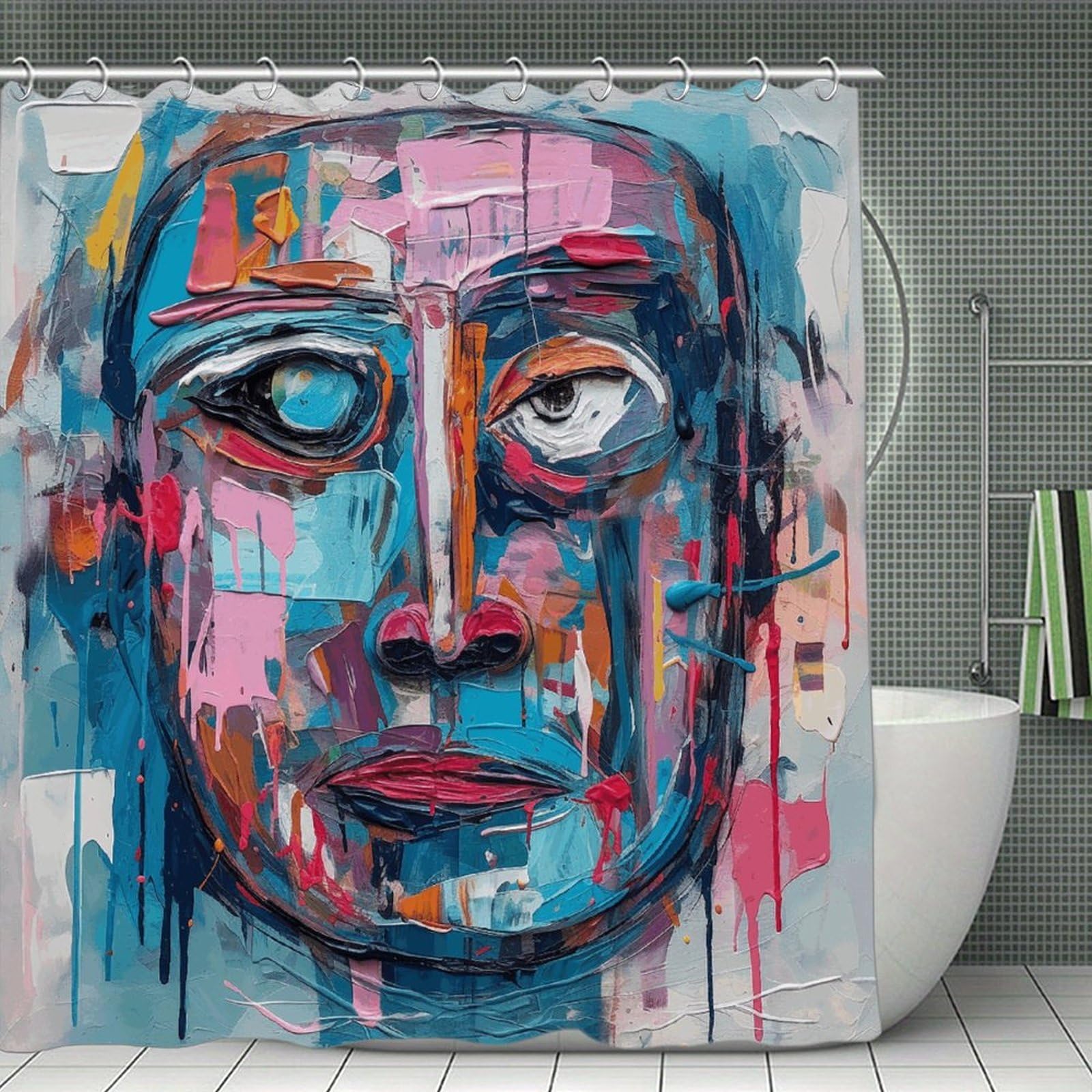 FekiLoot Peach and Blue Face Shower Curtain Minimalist Aesthetic Bath Curtain with Hooks Simple Water Resistant Bathroom Shower Curtains Cute Blackout Privacy Curtains Cloth Curtain