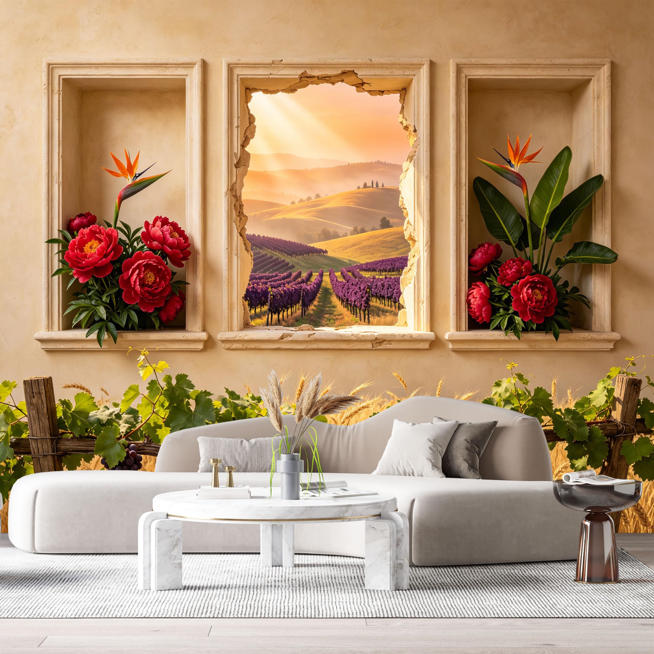 Custom Size Wall Murals Tuscan Vineyard Landscape 3D Trompe L'Oeil Peony Flowers SelfAdhesive Wall Fabric Removable Large Wallpaper for Photo Living Room Interior Decor