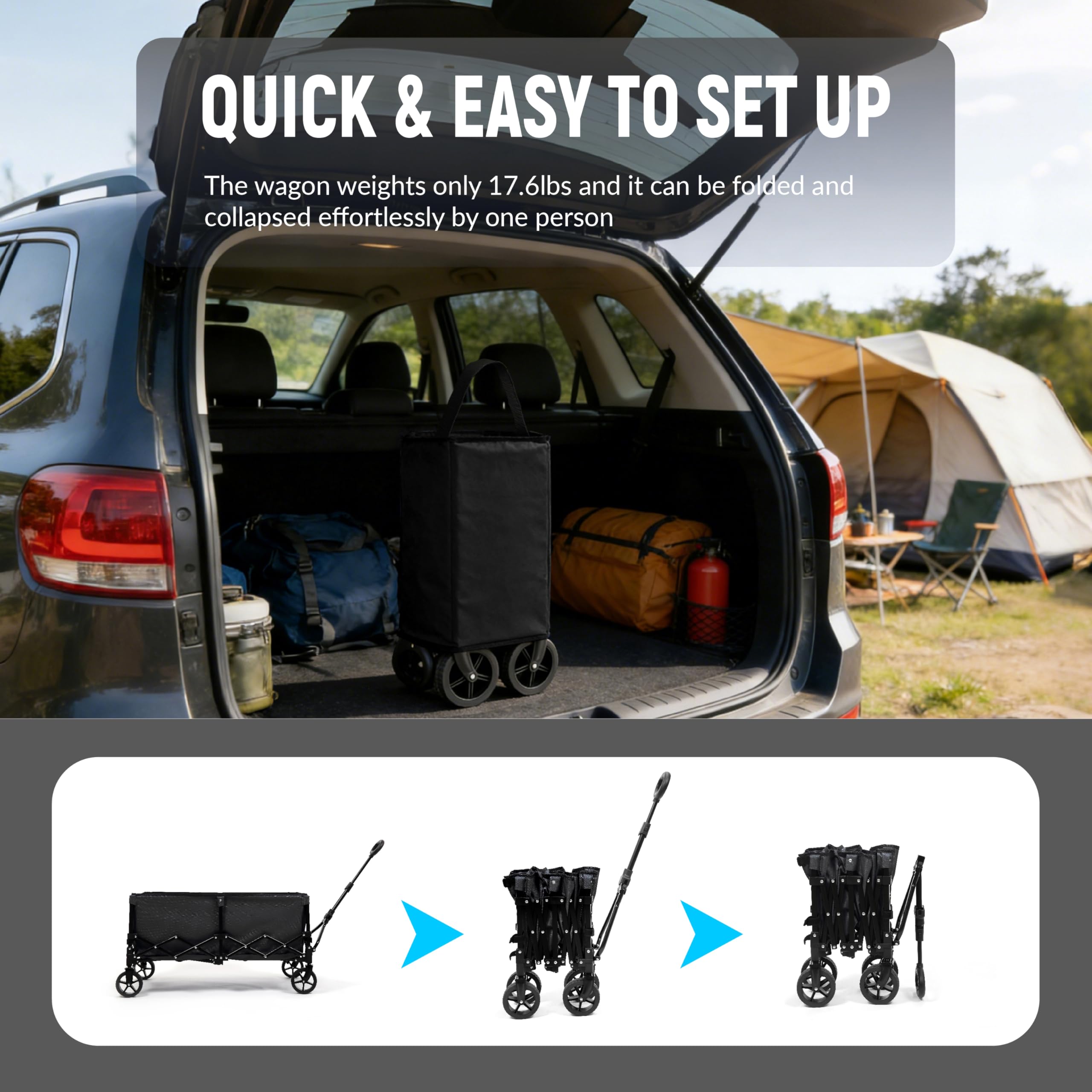 OUTSIDER Bollerwagen faltbar 165L – Campingwagen mit 136kg Tragfähigkeit, klappbarer Strandwagen mit 360° Rädern, für Camping Einkauf Strand Schwarz