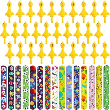 POPLAY 42PCS Flying Chicken Slingshot & 48PCS Slap Bracelets Party Pack Perfect for Kids Parties & Classroom Prizes