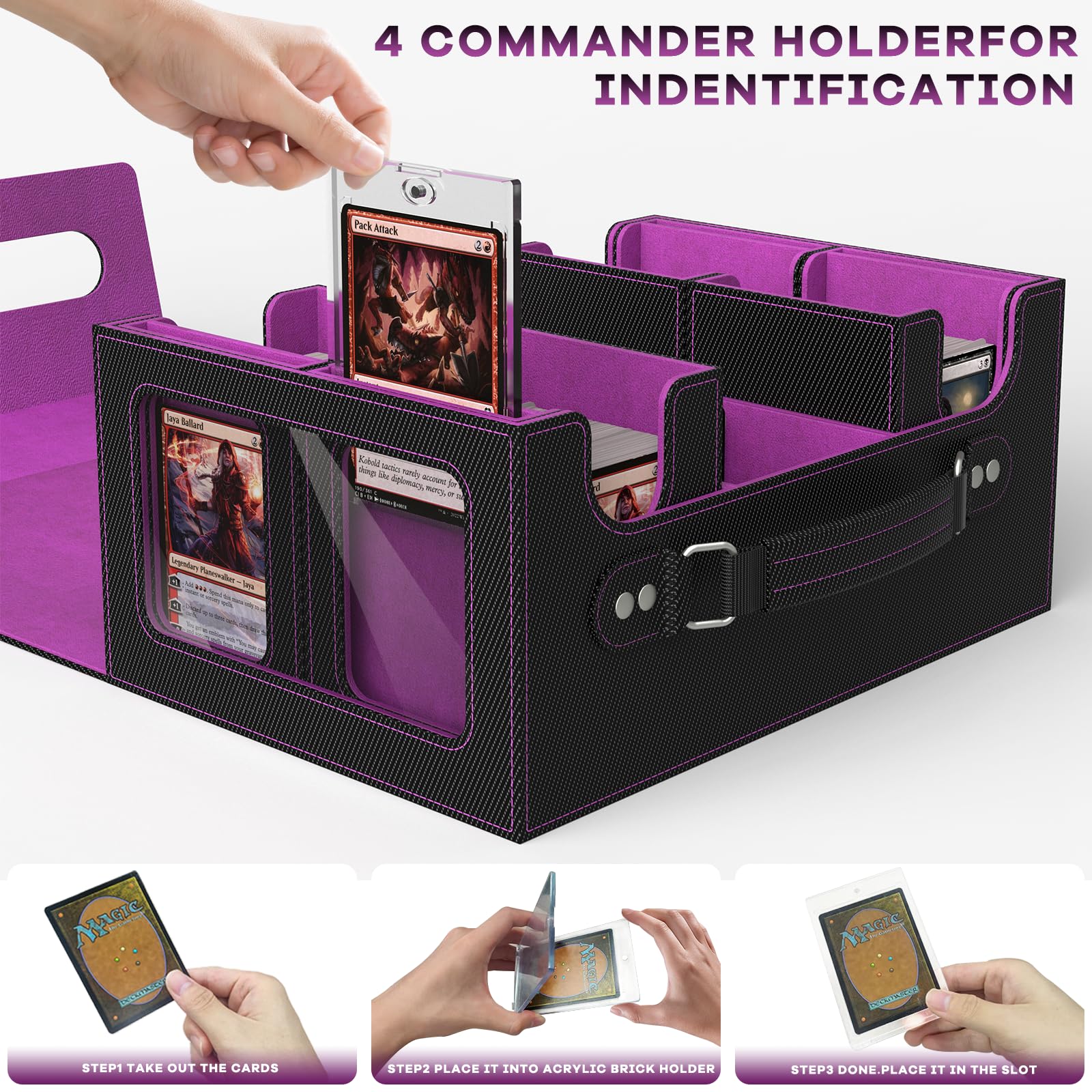 Scatola per carte MTG con display Commander, scatola per carte 4 in 1, adatta a oltre 400 carte a doppia tasca, scatola portaoggetti rimovibile per TCG, 4 porta carte magnetiche, 4 divisori (nero e