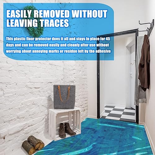 Miniatura 6 de Kingdder Película de protección para pisos, rollo de película protectora de piso azul autoadhesiva transparente para suelos de madera dura, azulejos