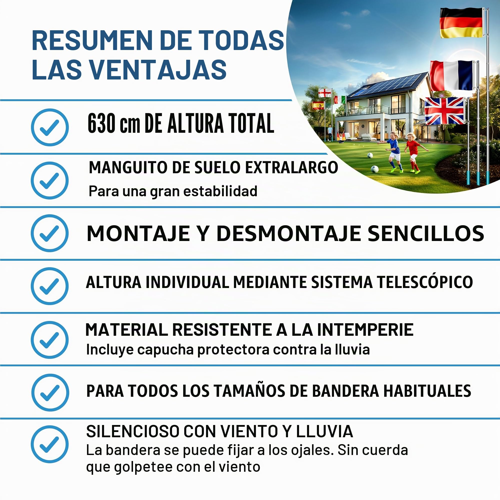 MONZANA® Asta Bandera Aluminio 6,30m Telescopica incl. Anclaje Suelo 60cm Bandera España Española