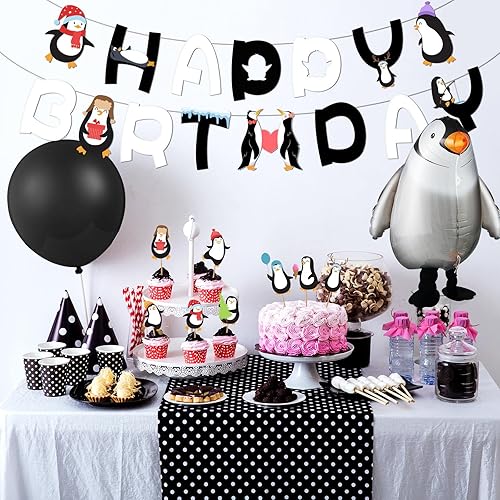 Miniatura 7 de Decoración de fiesta de pingüinos de 48 piezas, pancarta de feliz cumpleaños, globos de pingüino caminando, adornos para pasteles, globos de látex