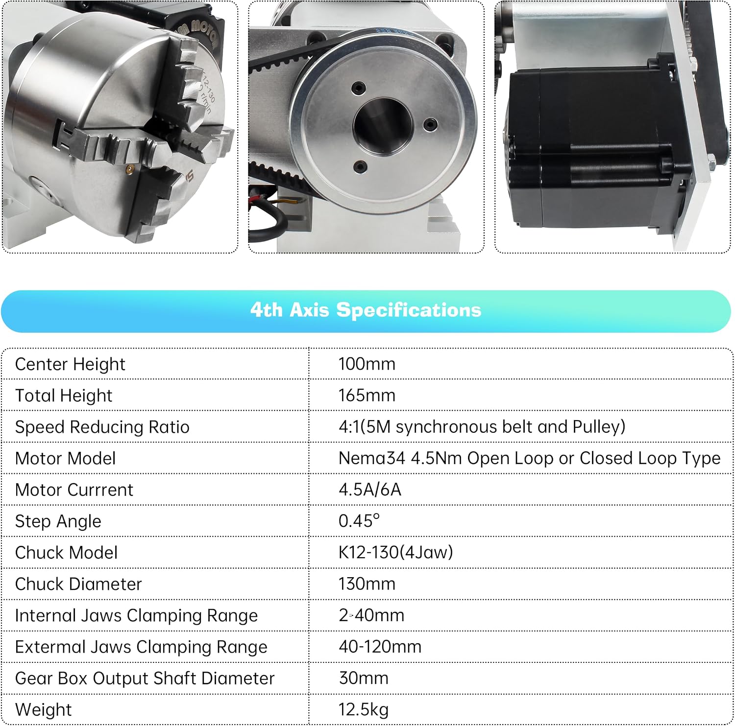 K12-130mm CNC Router Table Rotary | Milling Machine Rotational Axis A 4th Axis, 4 Jaw Chuck Dividing Head, 4.5N.m Closed Loop Servo Motor+2HSS86 Driver