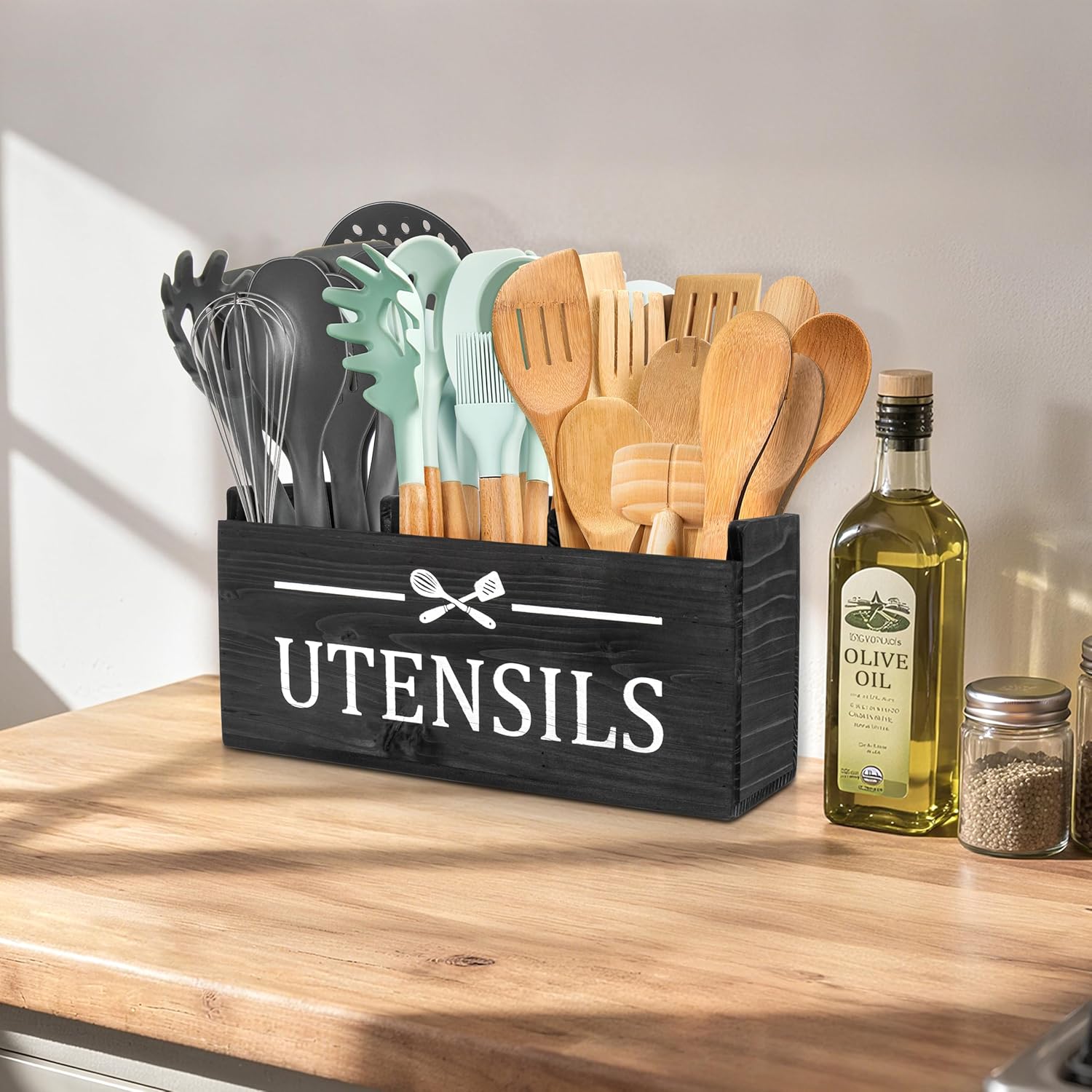 RedCall Wooden Kitchen Utensil Holder for Counter-top,Large Utensil Organizer for Storage Cooking Tool and Silverware,Extra Large Rustic Wood Container (Black)