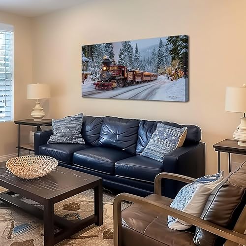 Miniatura 3 de 20"x 40" Canvas Wall Art Winter Train Snowy Forest Retro Christmas Snow Vintage Landscape Framed Pictures Painting Prints Large Wall Art for Living