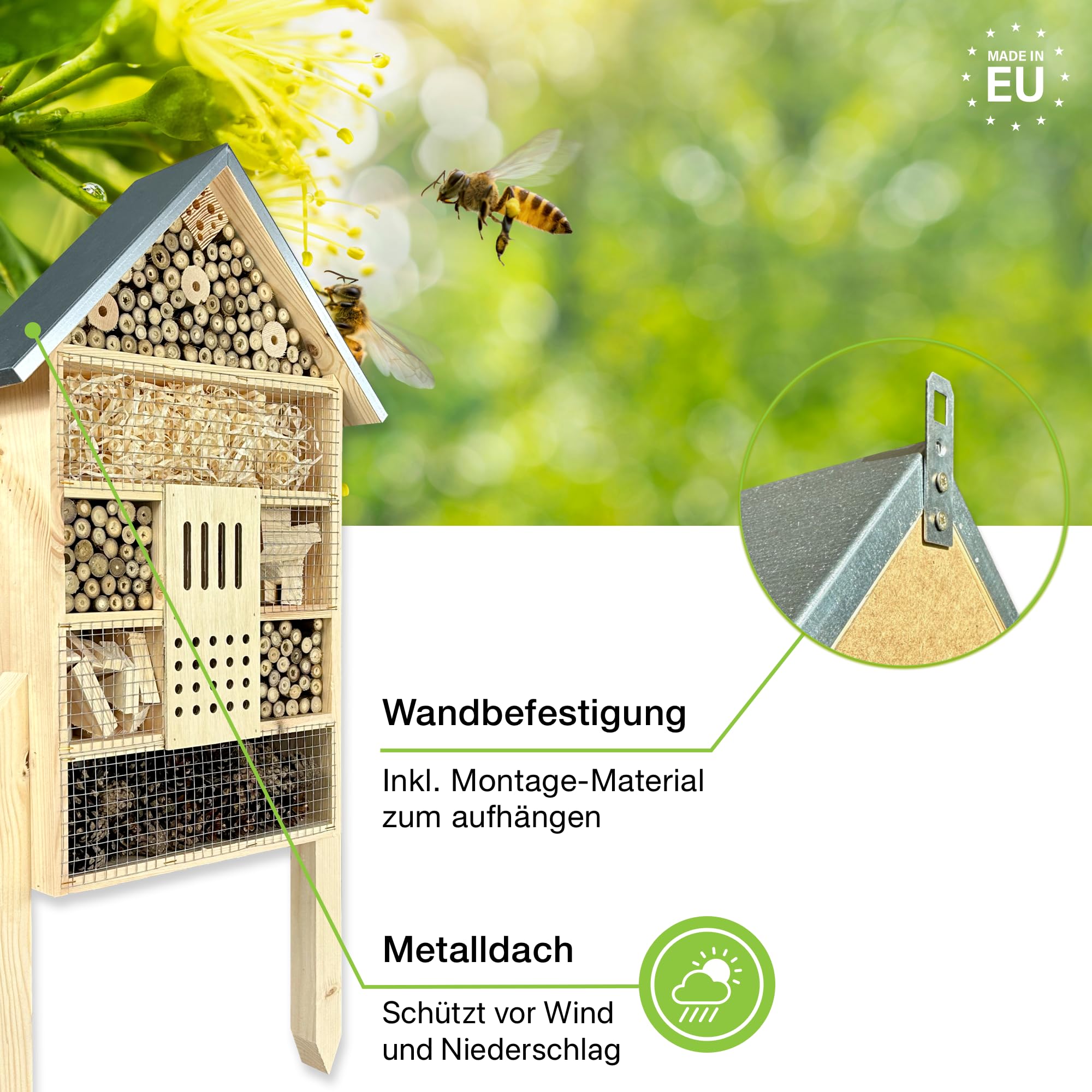 GARTENETAGE Insektenhotel XXL für Bienen und Marienkäfer – 79 x 38 x 11,5 cm – Wetterfestes Insektenhaus mit 7 Fächern – Schutz und Nisthilfe für Wildbienen, Schmetterlinge und Florfliegen