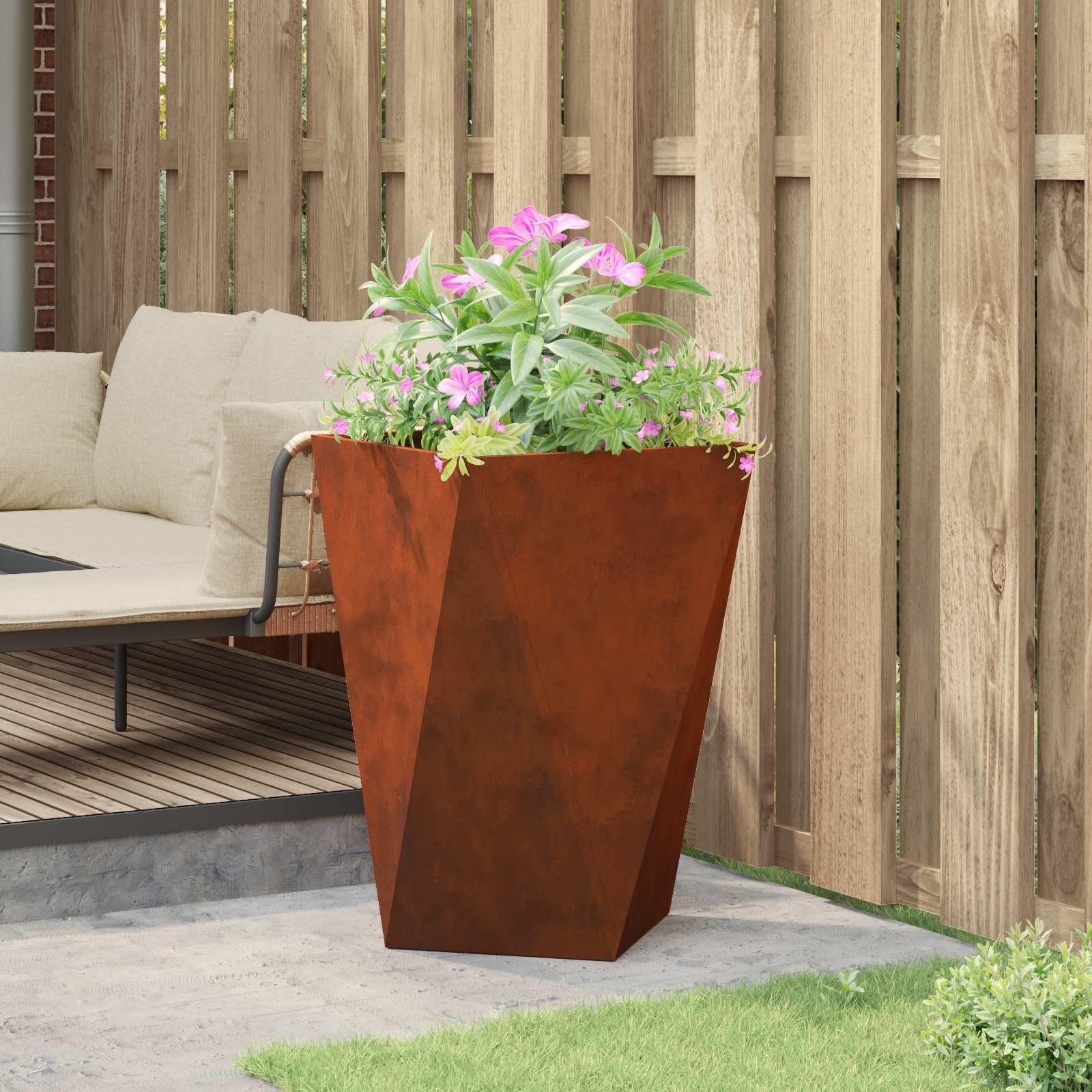 Pflanzkübel 75 cm hoch aus Stahl wetterfest, rechteckiger Gartenpflanzer für Terrasse, robuste Pflanzkübel mit integrierter Basis für Stabilität, modernes Design mit gewellten