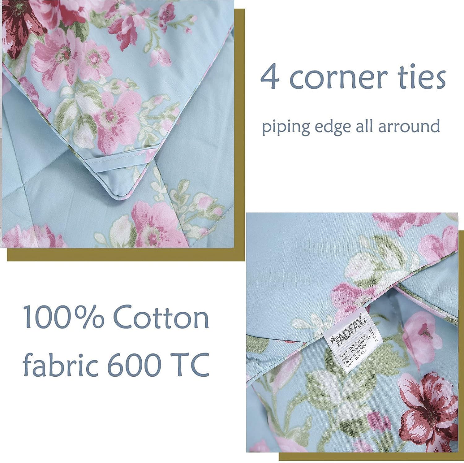 FADFAY Blue Comforter Set Shabby Floral Summer Quilt 100% Cotton Fabric Sheet Bedding Deep Pocket Bedding Set 7Pcs, Queen