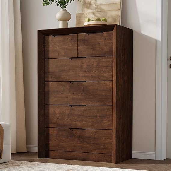 YANSNWO Walnut 6 Drawer Dresser For Bedroom, 47.4" Tall Dressers & Chest Of Drawers With Unique Panel & Thickened Frame, Mid Century Modern Dresser With Handless Design For Living Room, Hallway