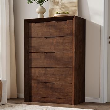 YANSNWO Walnut 6 Drawer Dresser for Bedroom, 47.4" Tall Dressers & Chest of Drawers with Unique Panel & Thickened Frame, Mid Century Modern Dresser with Handless Design for Living Room, Hallway