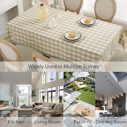 Miniatura 7 de Laolitou Mantel rectangular lavable a cuadros con borlas, algodón y lino, para picnic, cocina, comedor, color beige, 102 pulgadas