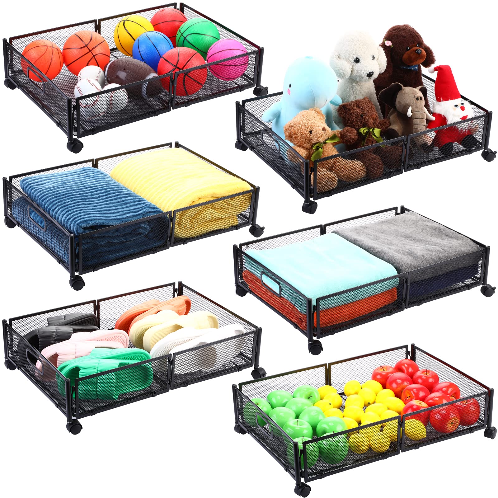 Cunno 6 Pcs Under Bed Storage with Wheels, Under Bed Storage Containers, Under Bed Rolling Bins Storage Drawer for Bedroom Clothes, Shoes, Toy, Blankets, Bedding, Book