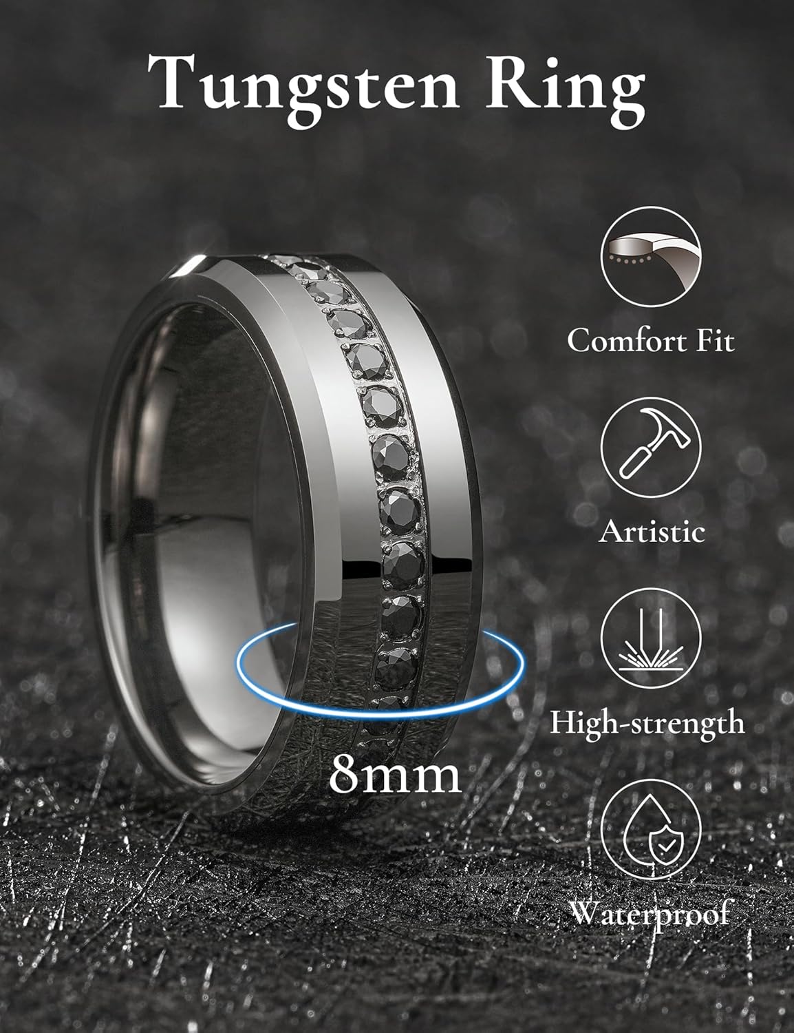 King Will 8mm Tungsten Carbide Wedding Band for Men, Polished White Cubic Zircon Stones Inlay, Comfort Fit Rings for Men Wedding, Engagement and Anniversary
