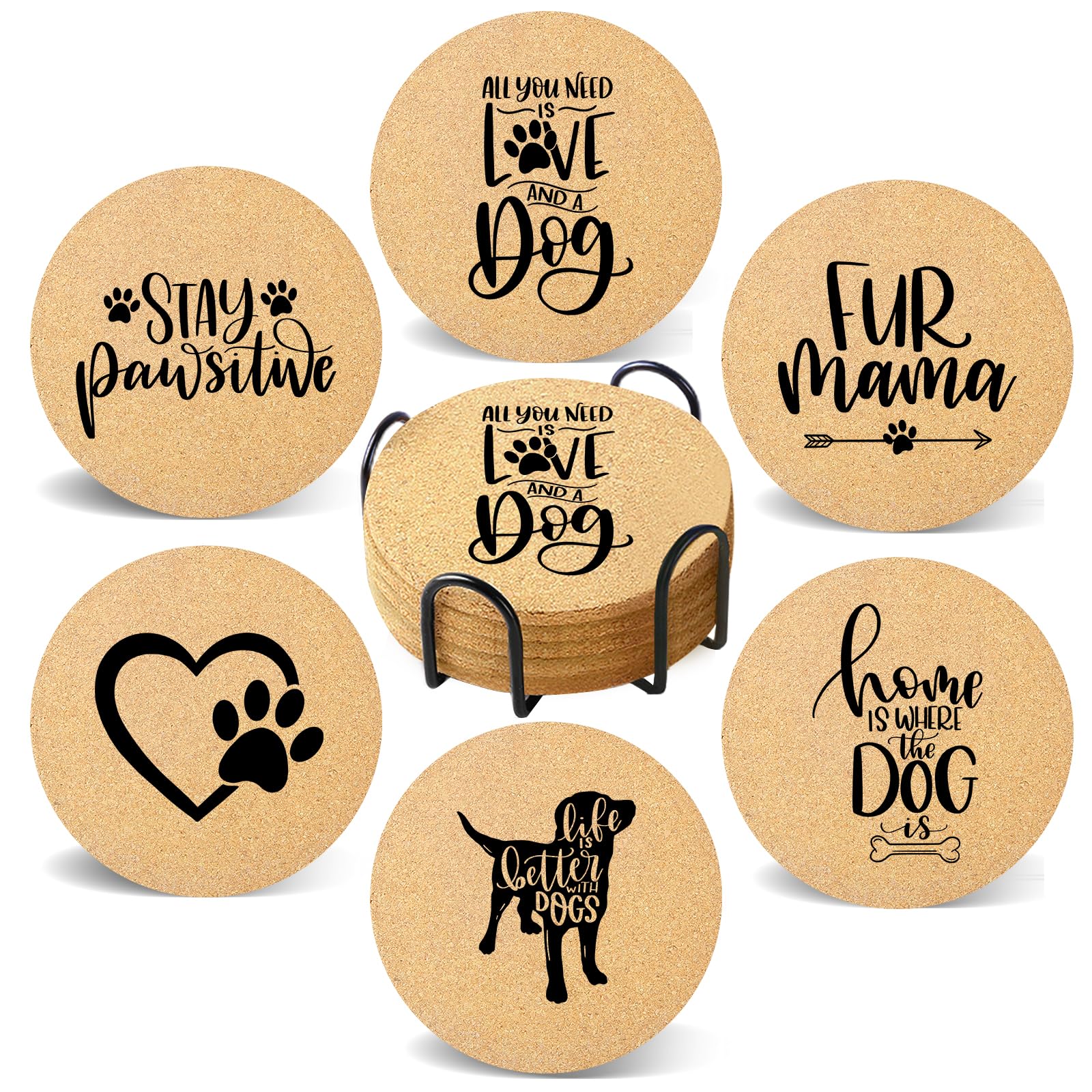 Coasters for Drinks with Set of 6, Cute Dog Coaster for New Home Couples House Warming Gifts Absorbent Paw Cork Wood Bulk for Cup Desk Coffee Table Office Kitchen Decor, Round 4"