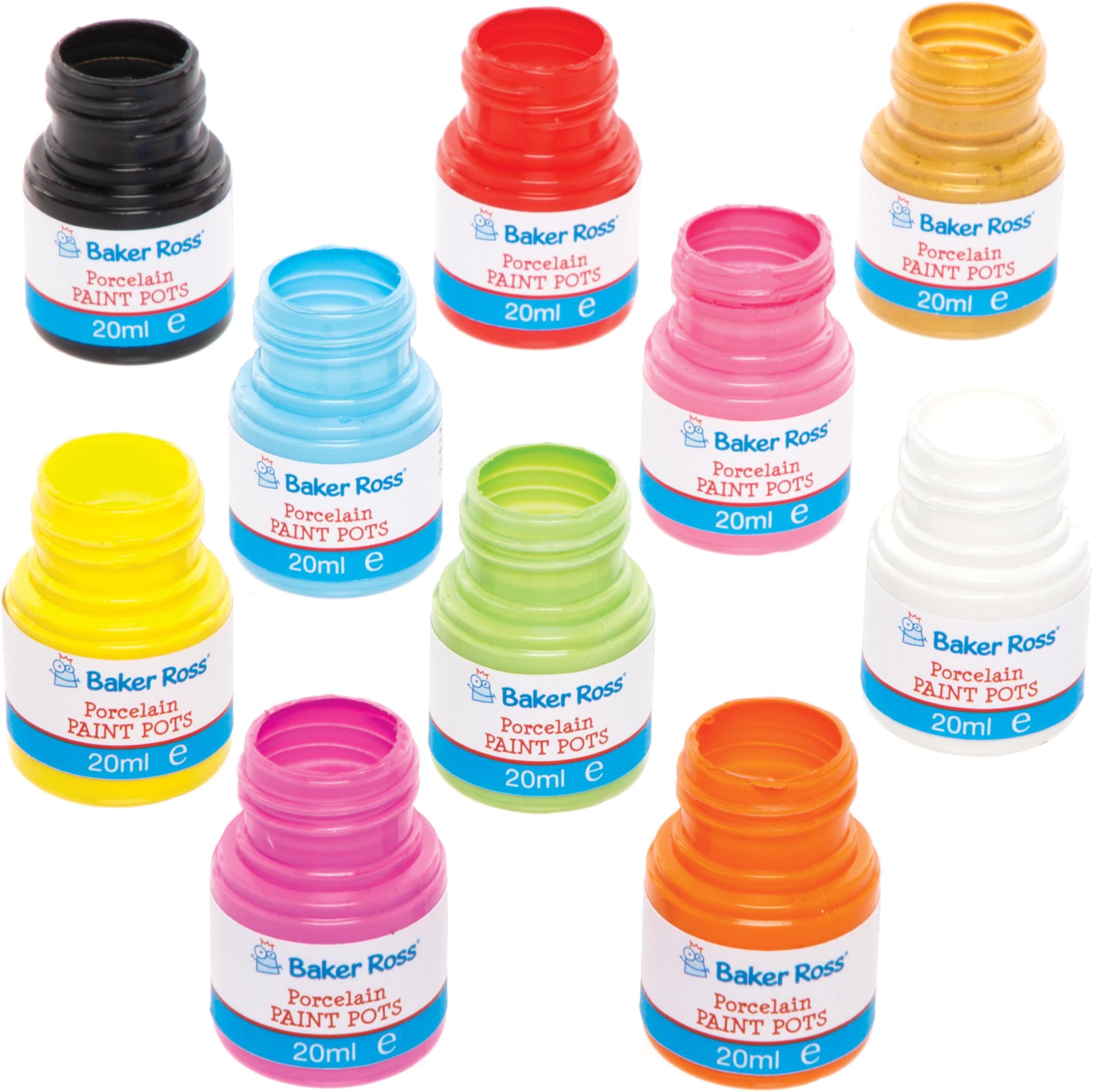 Baker Ross FE593 Porcelain Paint Pots - Pack of 10 Pots, 20ml Each, 10 Assorted Colours, Ceramic Paint, Porcelain Painting