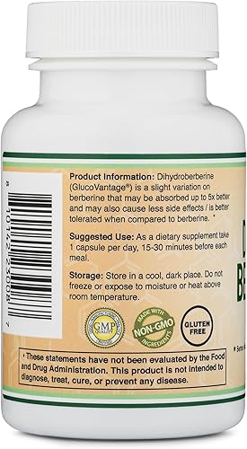 Miniatura 4 de Suplemento de dihidroberberina de 100 mg, 60 cápsulas (GlucoVantage Super Berberina patentada, puede ser 5 veces más eficaz que la berberina con