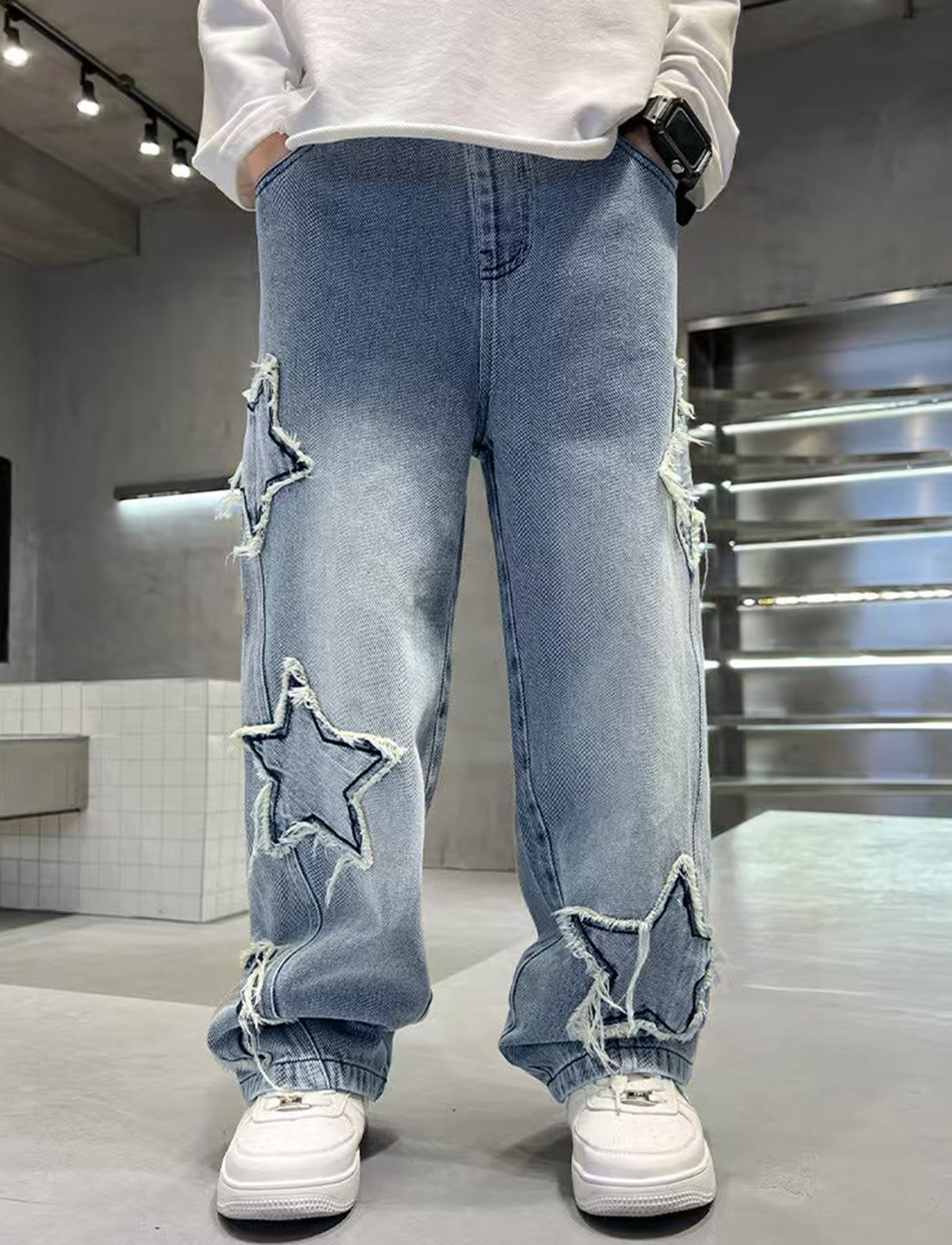 Happy Cherry Jungen Baggy Jeanshosen Kinder Elastische Taille Loose Fit Jeans Weite Beine Denimhose mit Taschen