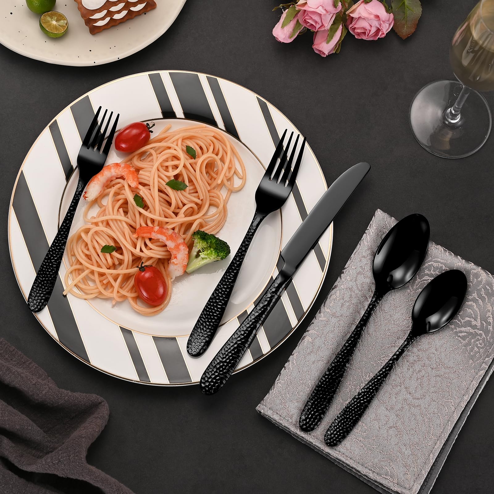 Black Hammered Silverware Set, 20-Piece Heavy Duty Stainless Steel Flatware Sets for 4, Food-Grade Cutlery Set for Home Restaurant, Mirror Polished, Dishwasher Safe — Amazon image 6