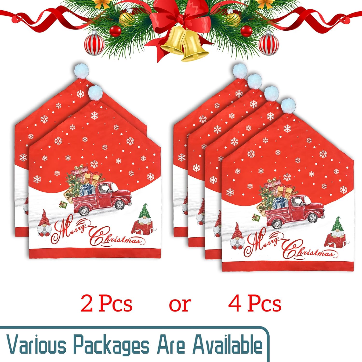Christmas Chair Covers Set of 4, Christmas Chair Back Covers, Santa Hat Chair Covers, Christmas Decorations Indoor Chair Covers for Dining Room, Christmas Kitchen Decor Dining Room Chair Covers