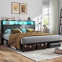 Vista 13 de Base de cama tamaño completo con cabecero, estructura de cama de plataforma metálica con luces LED y estación de carga, almacenamiento debajo