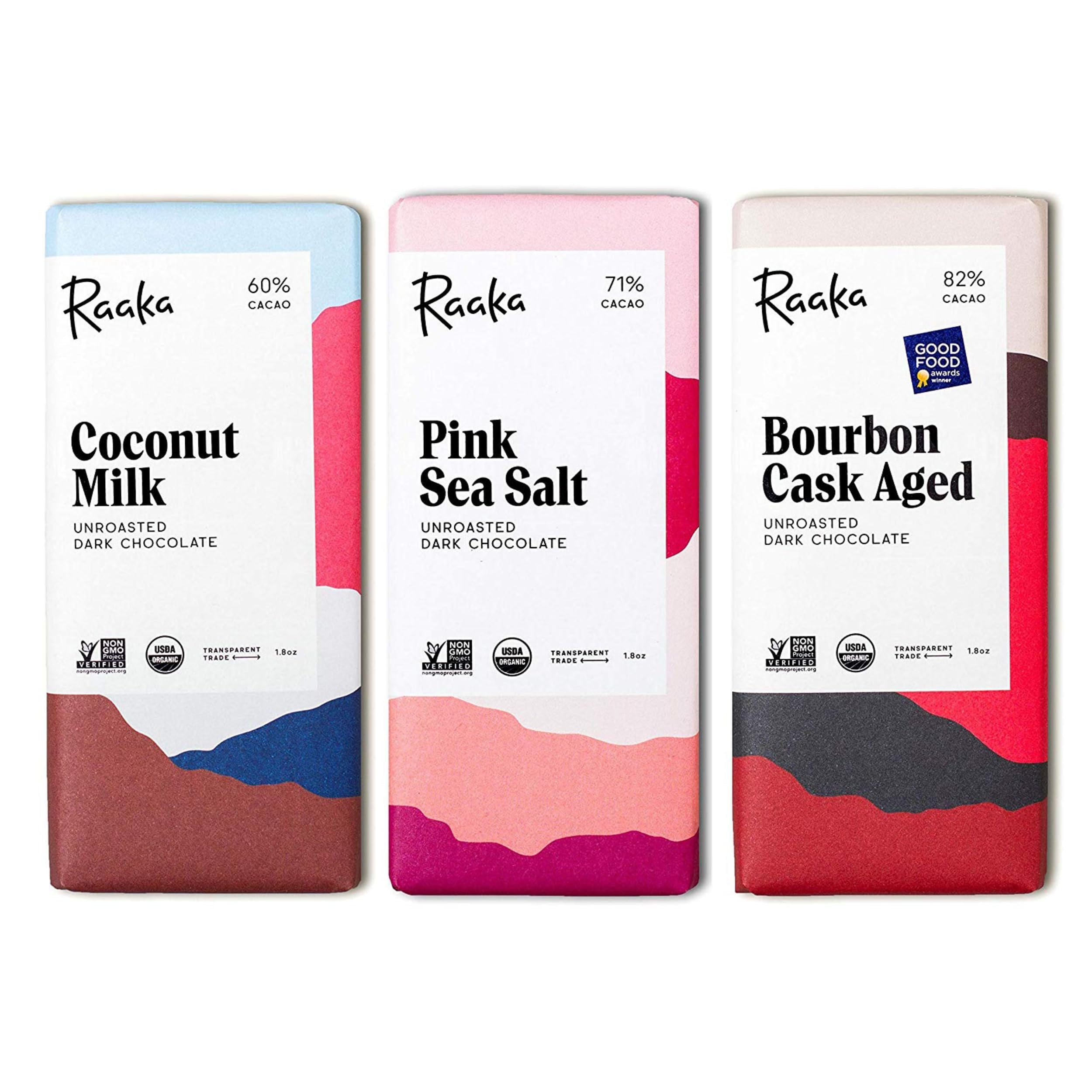 Raaka Chocolate Best Sellers Trio | Gourmet Dark Chocolate Gift | Organic, Vegan, Fair Trade, Soy Free, Non-GMO, Gluten Free, Kosher | 1.8oz Bars, 3-PackUSDA Organic