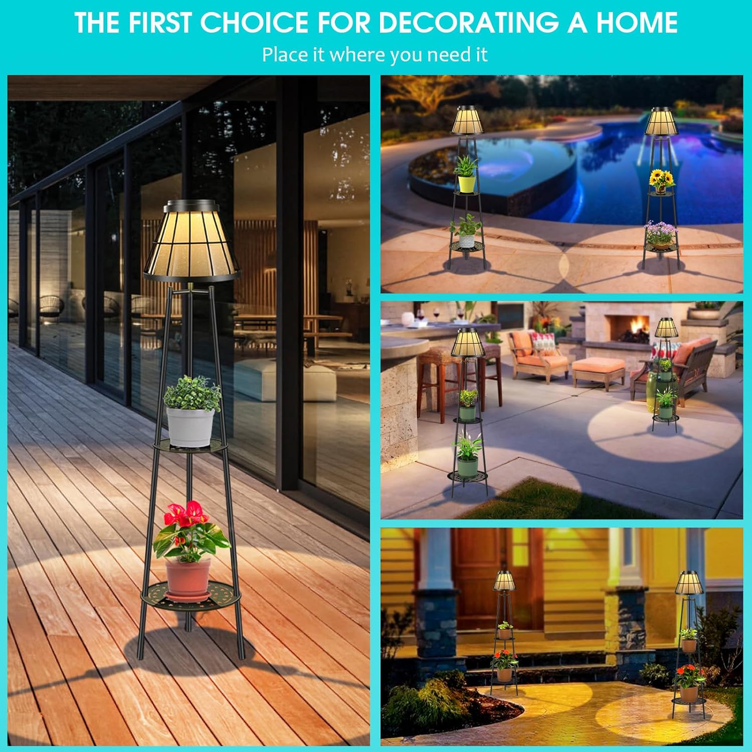 2 Pack Solar Lights Outdoor with Plant Stands, Solar Floor Lamp Street Lights Metal Tripod Patio Lights for Garden Yard Pathway Driveway Front/Back Porch Decoration-D- 2Pack Black - Double shelf