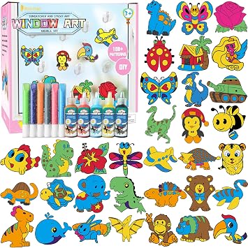 Window Paint Art, 36 Suncatchers Double Craft Kit for Kids Childrens Make Your Own Fun Suncatcher Set Suction Cups DIY Car & Mirror Arts Crafts Children