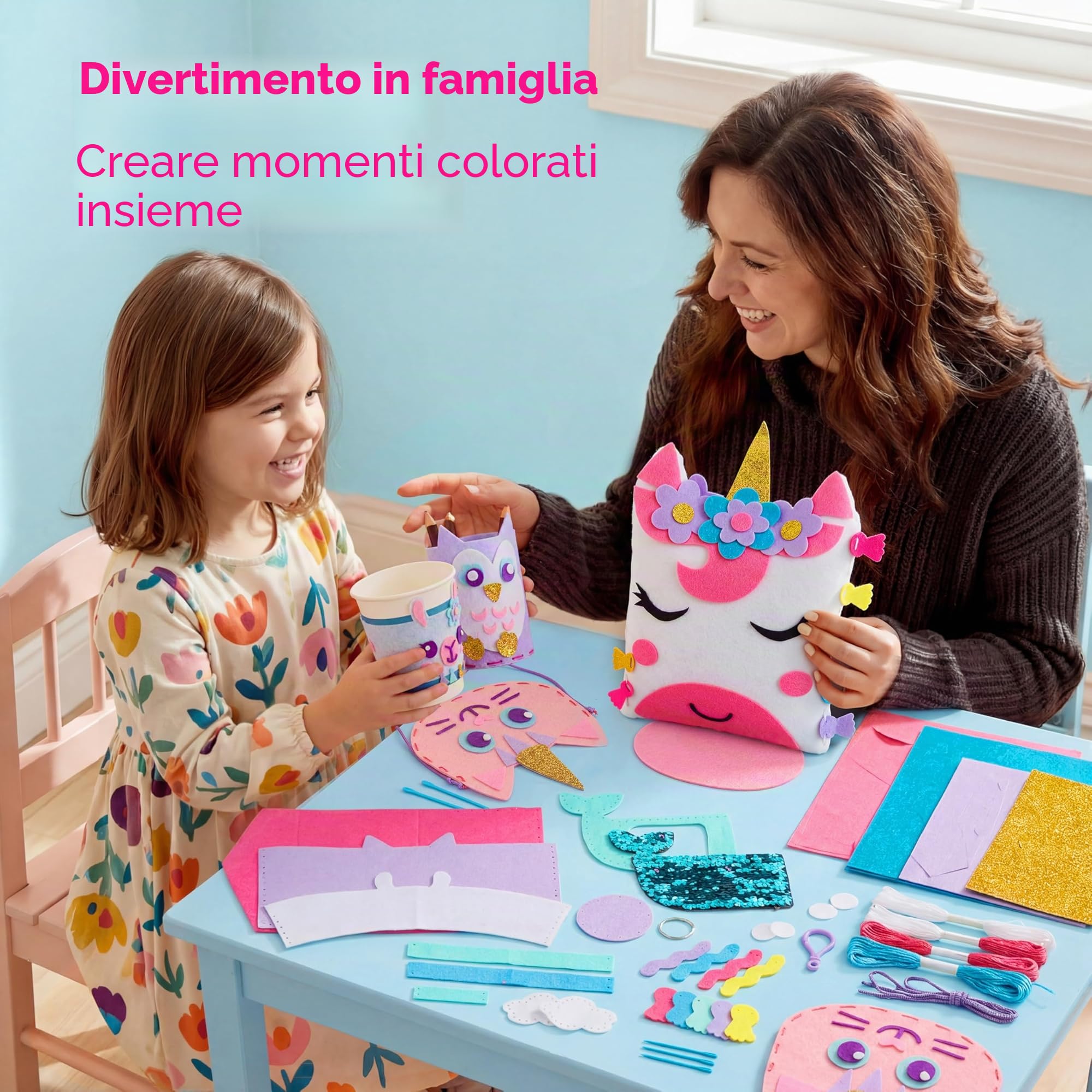 Klever Kits 7 Progetti di Cucito - Il Mio Primo Kit da Cucito in Feltro - Semplici creazioni fai da te con Animali con Cuscino Unicorno e Portacarte Sirena, Regalo per Bambini dai 6 Anni in su
