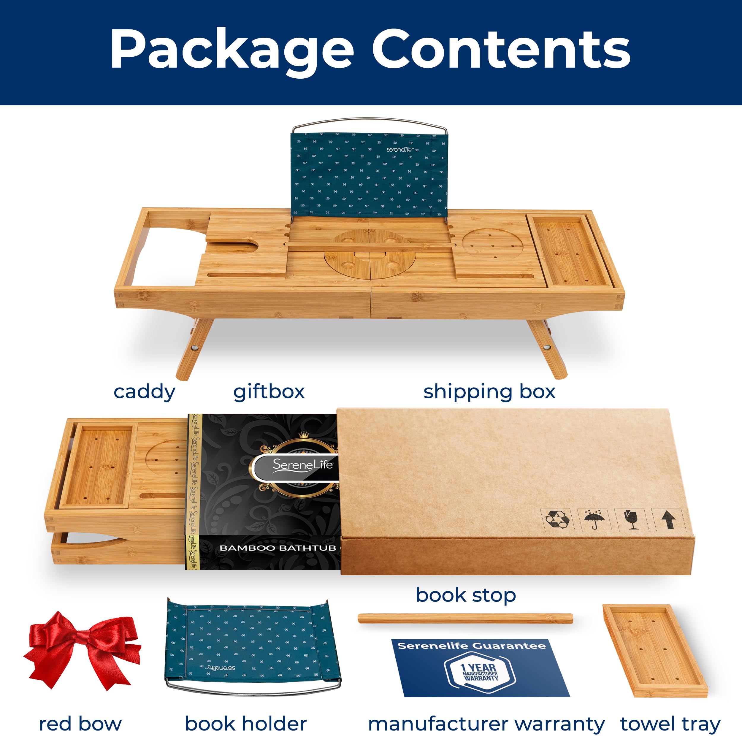SereneLife Bamboo Bathtub Caddy with Adjustable Length, Non-Slip Handles, Integrated Device Holder and Wine Glass Slot - Expandable Design for Comfortable Bathing