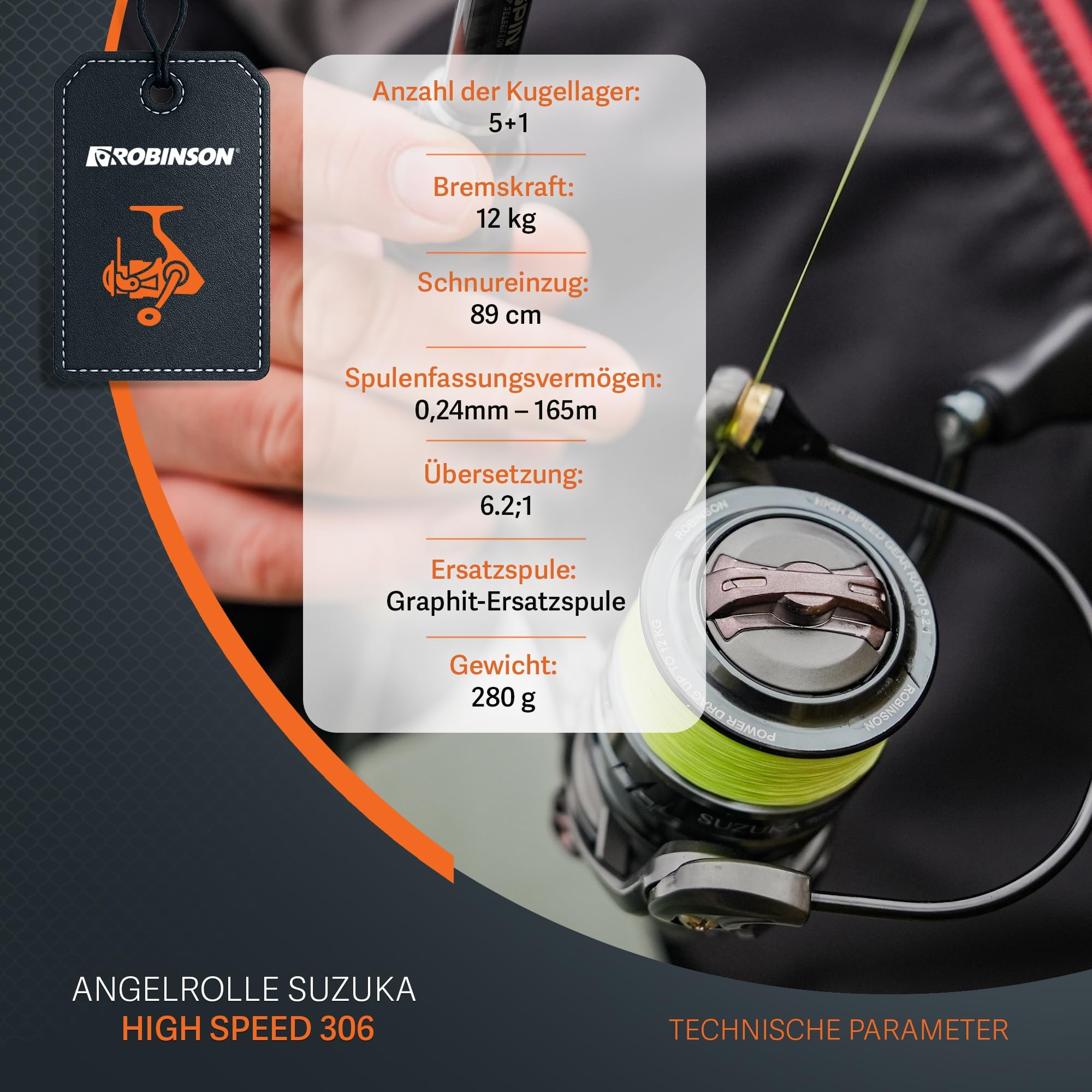 Robinson Angelrolle - High Speed Getriebe - Übersetzung 6.2:1 - Frontbremse – Graphitzweitspule - Duraluminium-Spule - 6 Kugellager - Suzuka HS