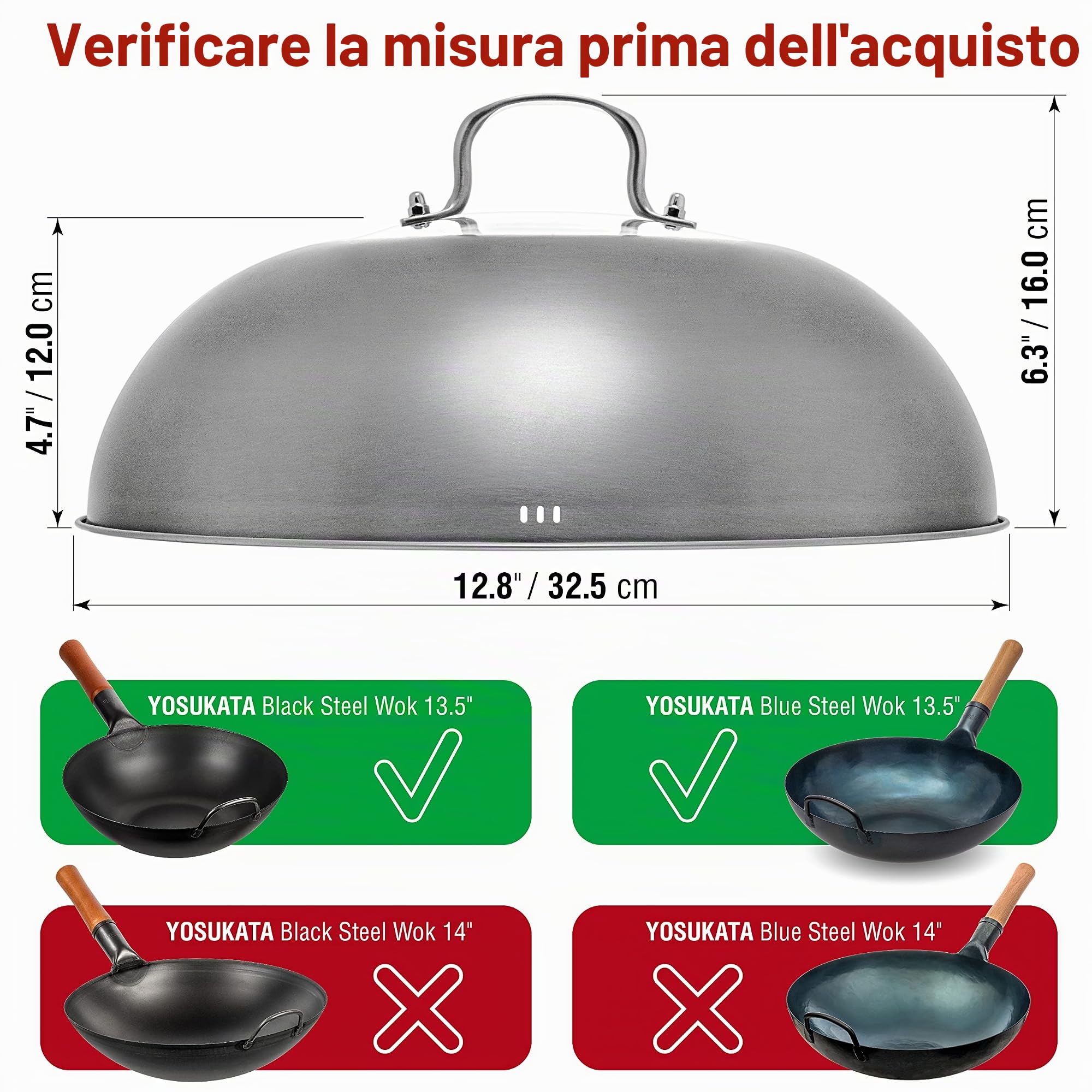 YOSUKATA Wok Padella Professionale 34 cm - Tradizionale Wok Acciaio al Carbonio Fondo Piatto + Coperchio Wok 32,5 cm