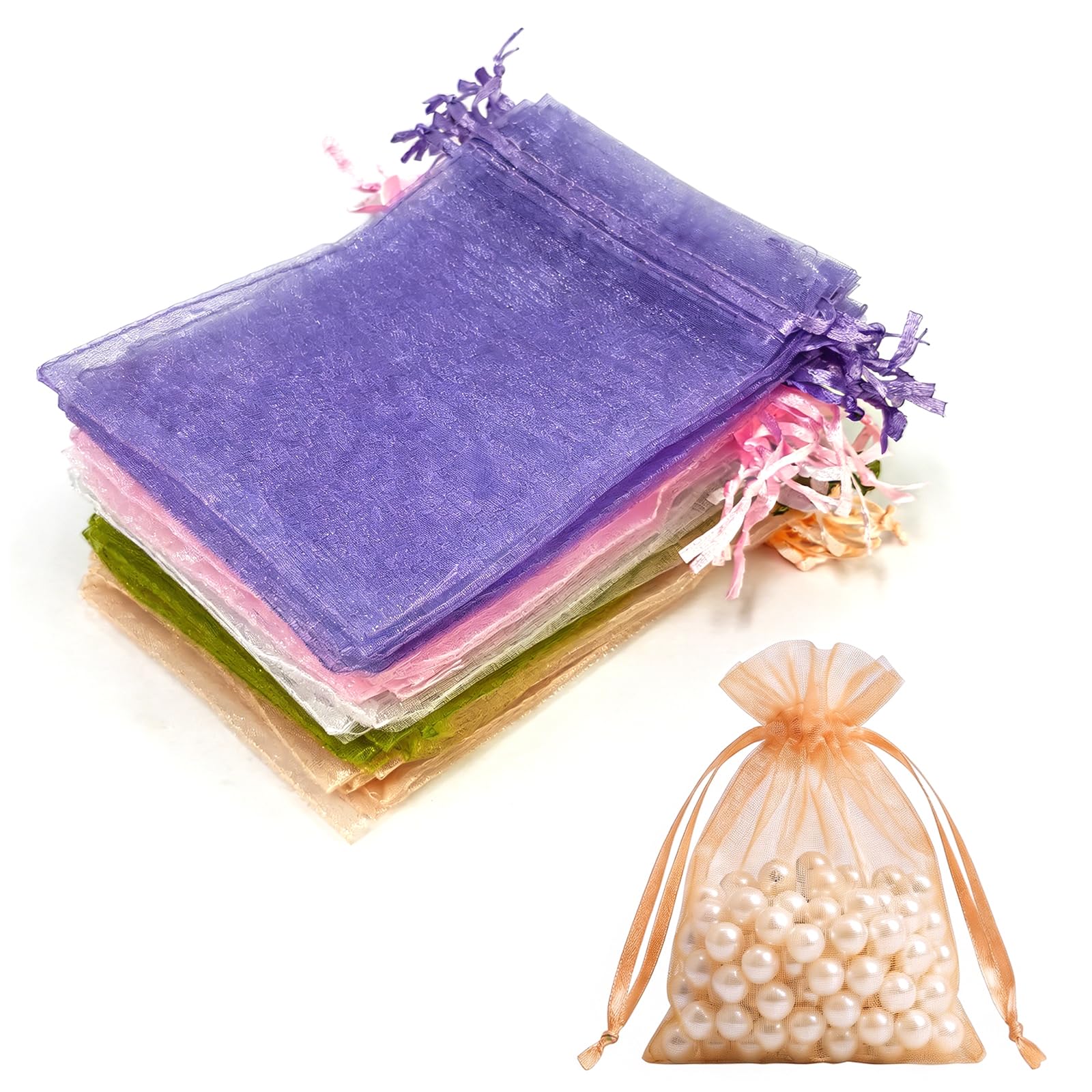 Lafefe 50Pcs Organza Gift Pouches, 7x9CM Clear Mesh Drawstring Pouches, Organza Gift Bags for Wedding Favours, Party, Festival, Candy and Game Favour Bags - White
