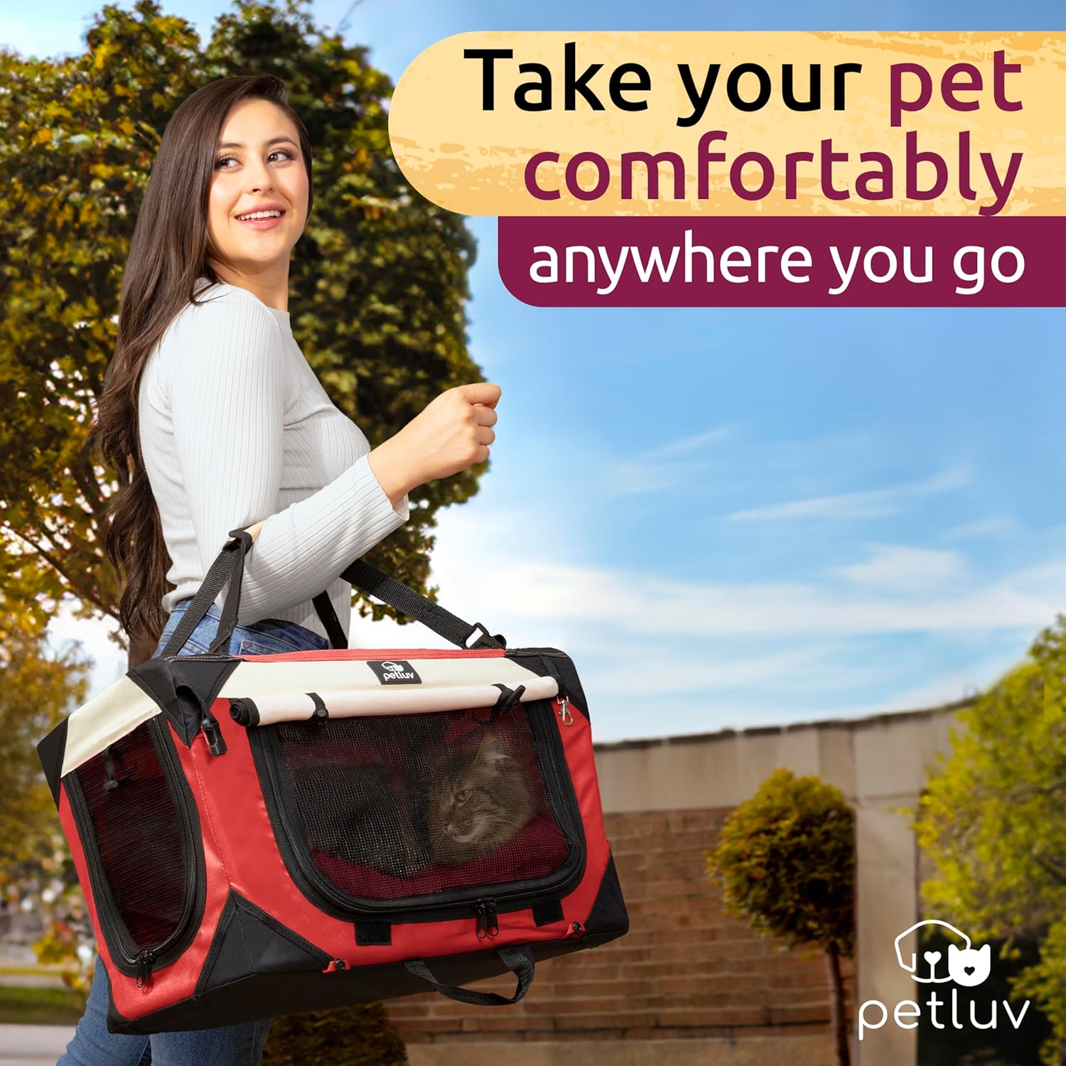 Medium Red Soft-Sided Pet Carrier with Mesh Windows
