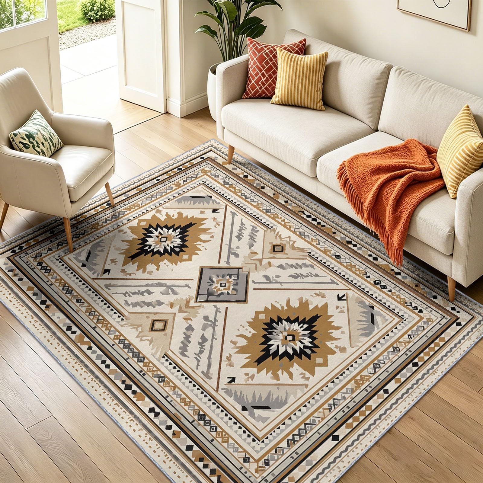 Waschbarer Teppich Wohnzimmer Suedwestlich Ethnisch, 80 x 150 cm Kurzflor rutschfest Teppich Weich Teppiche mit Druckmuster für Schlafzimmer, Esszimmer, Rauten Pfeile Geometrisch ZickzackBraun