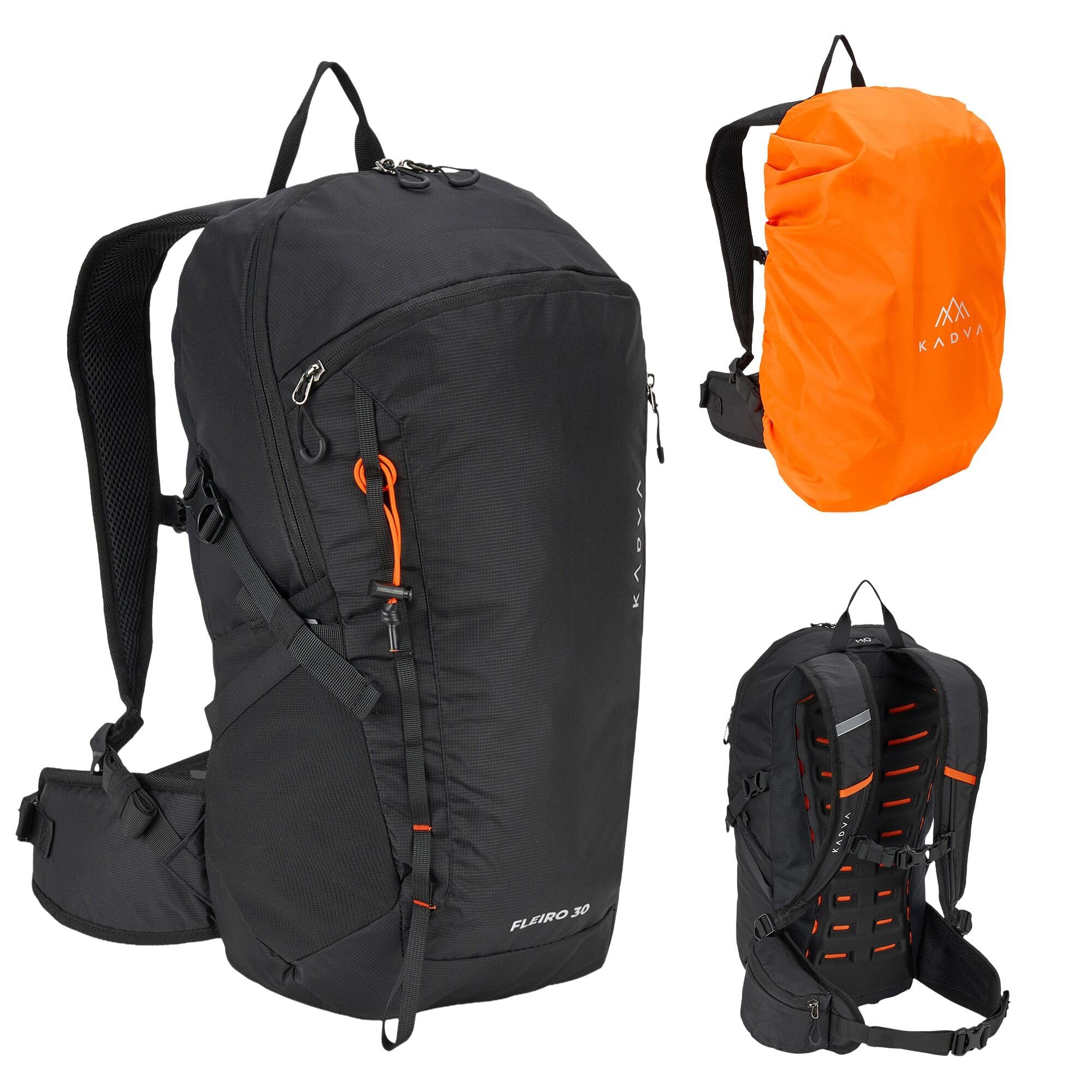 KADVA – Zaino da Trekking Fleiro 30 L con Schienale ventilato e Telaio, Accesso dal Basso al comparto Principale, Tasca per idratazione e Copertura Antipioggia Integrata