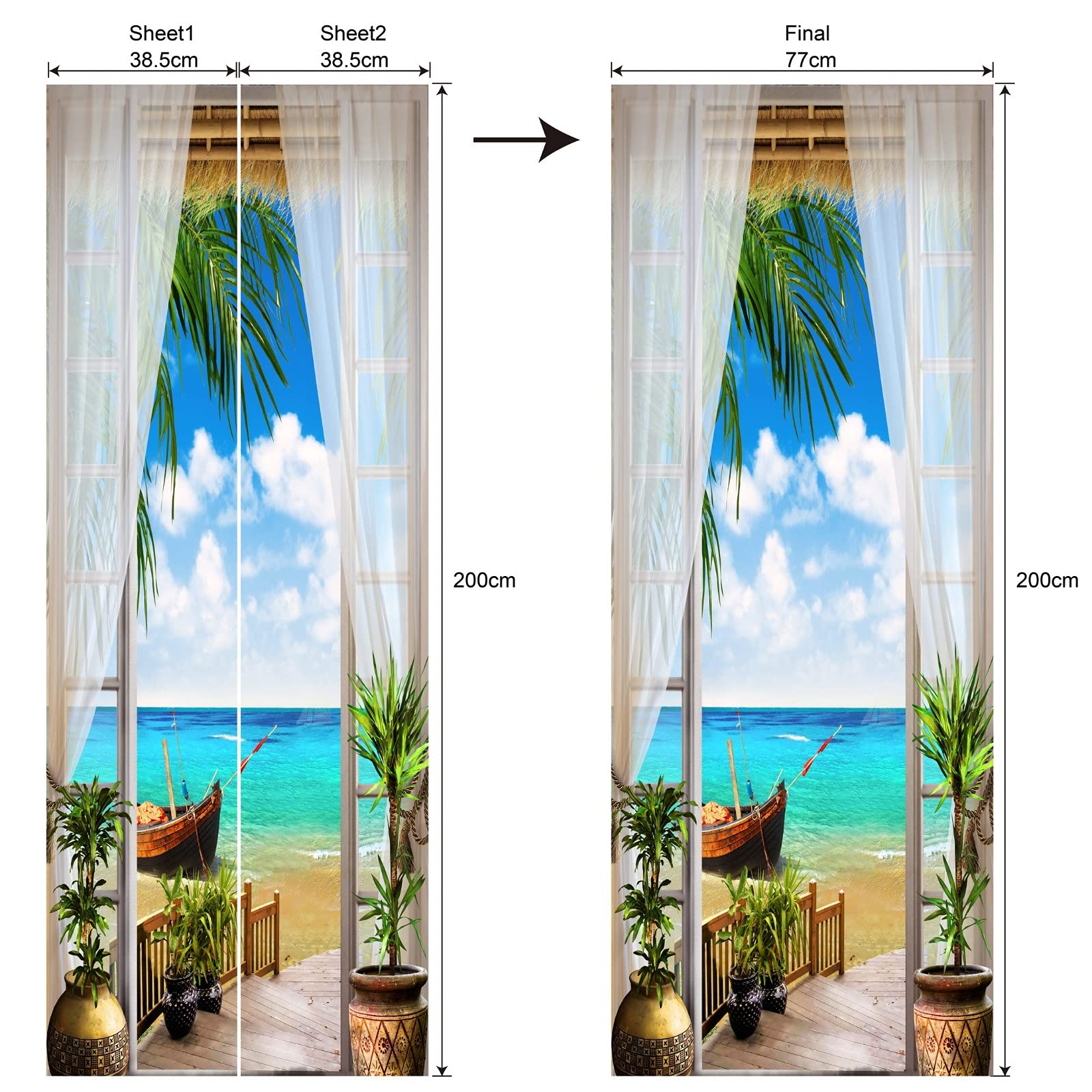 A.Monamour Adesivo Porta Autoadesiva Terrazza Vista Mare Con Tenda In Voile Bianco Spiaggia Sabbiosa Vinile PVC Adesivi per Porte 3D Pellicola Adesiva Poster Sticker Murale Parete Carta da Parati