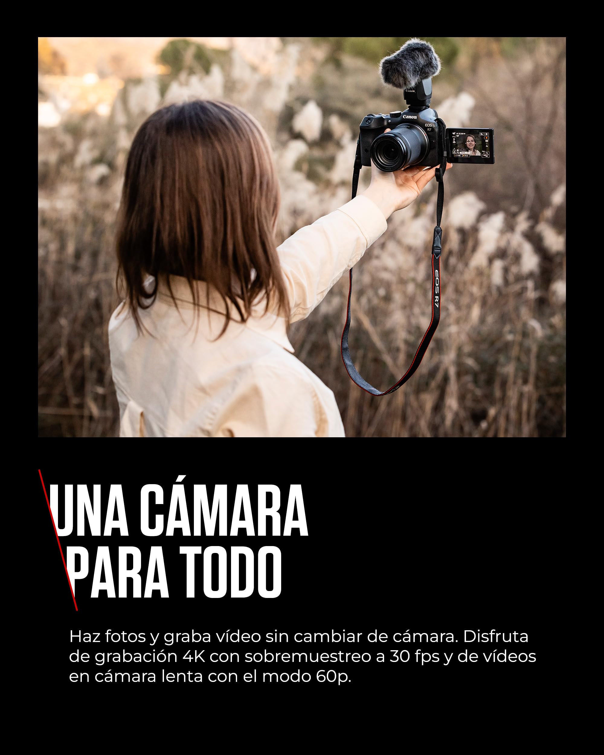 CANON EOS R7 Cámara Mirrorless Body, Cámara EVIL APS-C (32,5 MP) -5 EV, Vídeo 4K 60 fps, Dual Pixel CMOS AF II, Pantalla Táctil de Ángulo Variable, Negro