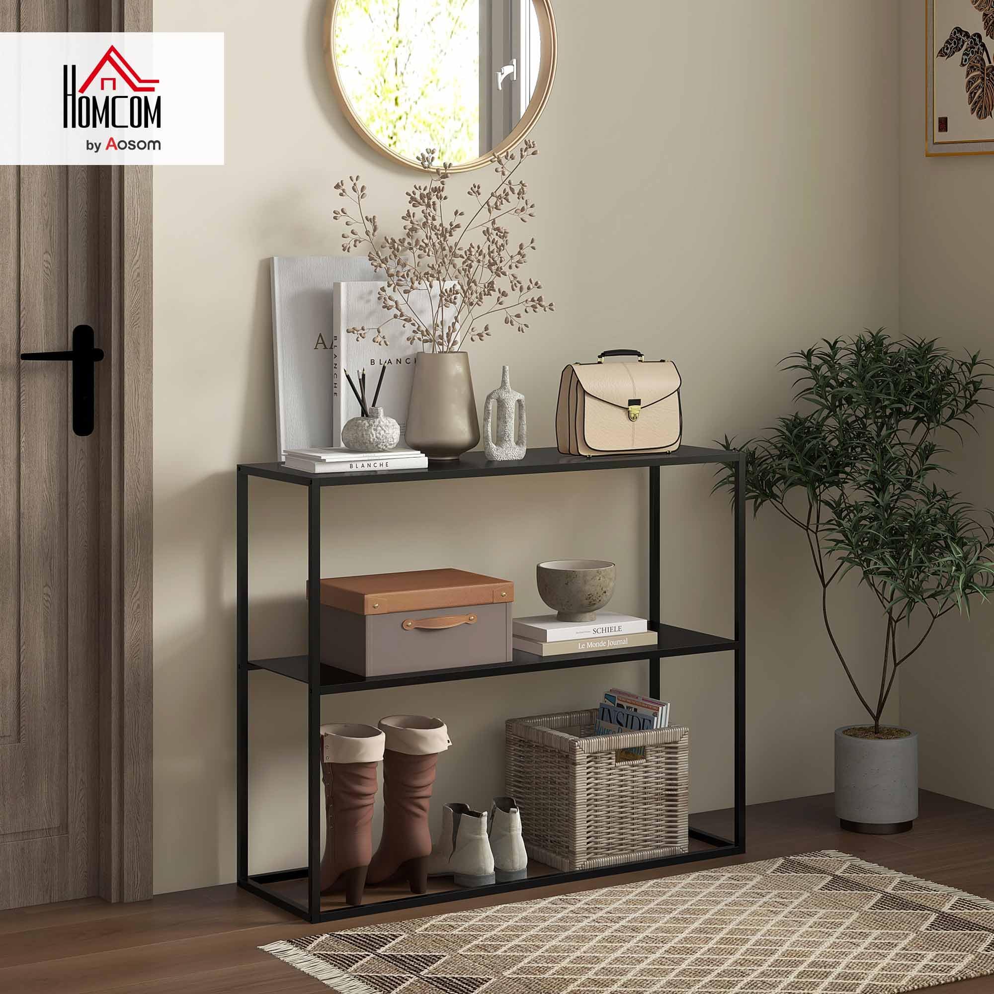 HOMCOM Table Console 2 Étagères Cadre Acier Salon 90 x 30 x 75 cm Noir