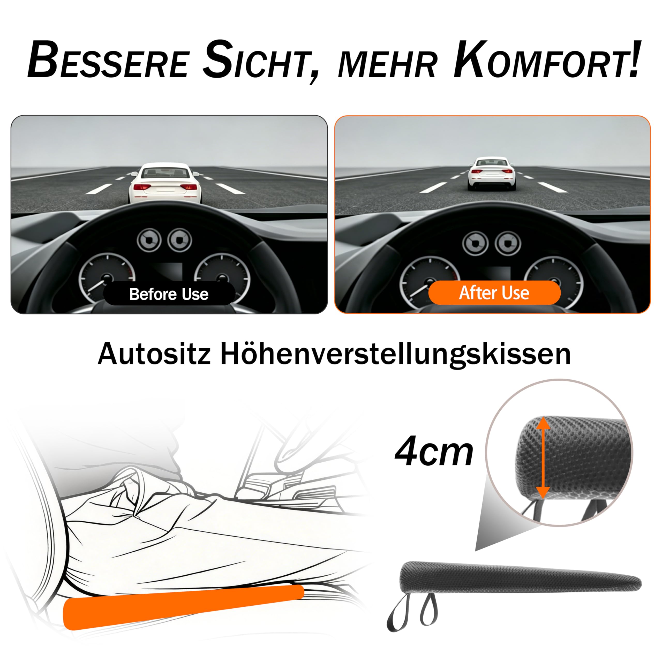 Auto Sitzkissen & Lendenstutzkissen Set,keilkissen auto,erhohte Fahrsicht,aufrechte Sitzhaltung, Ruckenentlastung, atmungsaktiver Stoff,mittlere Harte, hochdichter Schaumstoff