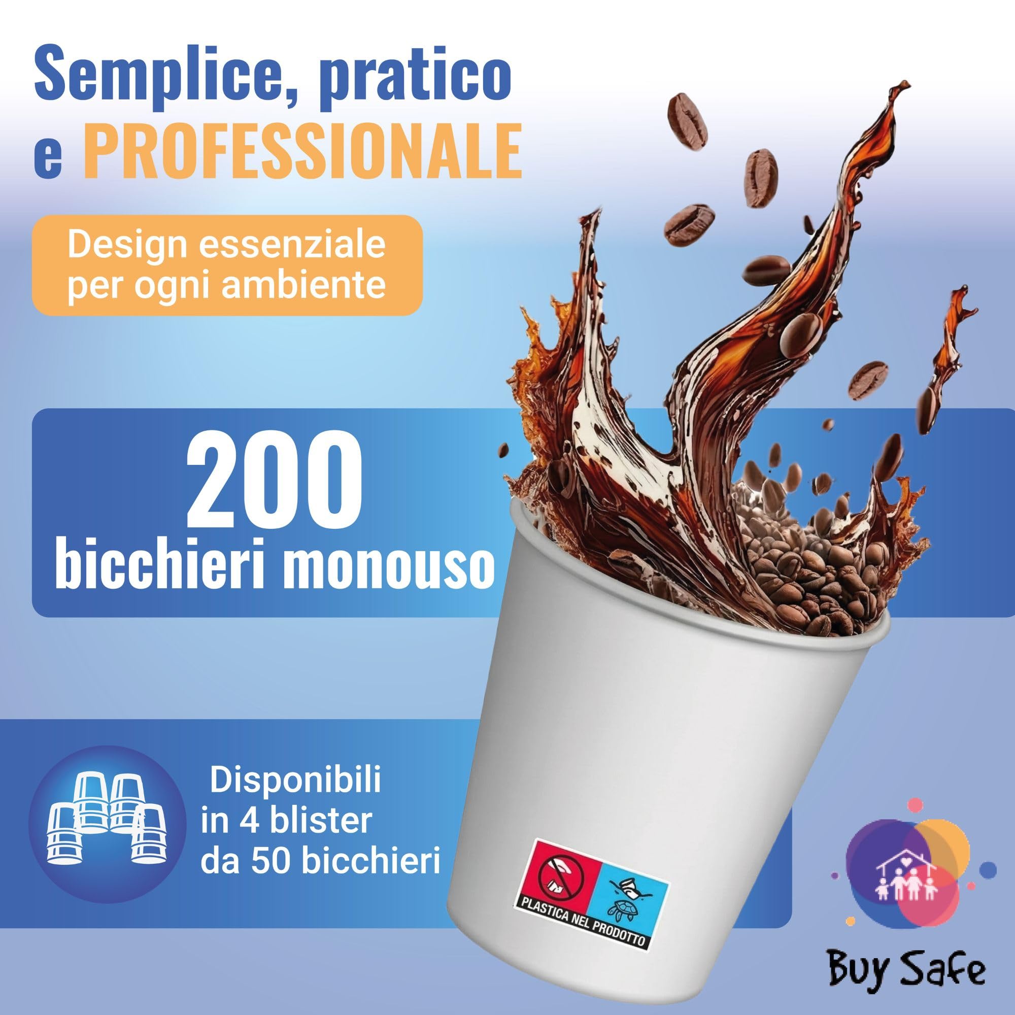 Buy Safe - 200 Bicchierini Caffe Carta 75 ml, Bicchierini da Caffe Usa e Getta Resistenti, Sicuri e Pratici, 100% Riciclabili ed Ecologici, Ideali Per Uso Professionale e Domestico