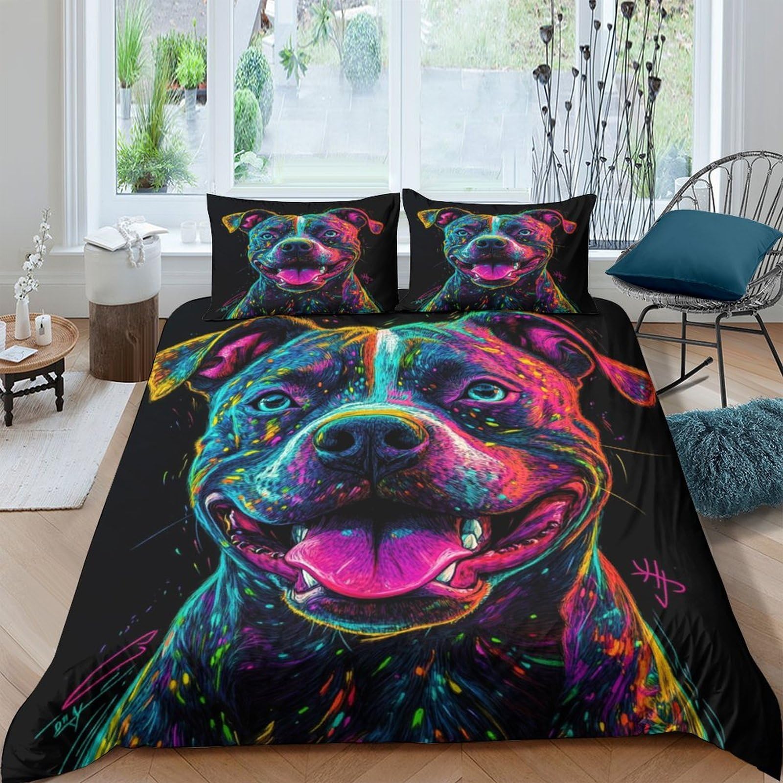 Ctjqhvkz Style-4 3D Printed Colorful Pitbull Fitted Sheet Microfiber Soft Decorative Dog Art Mattress Cover For Bedroom Dorm Single（135X200cm）