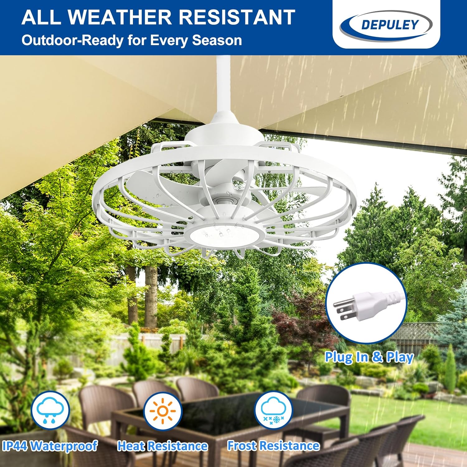 Depuley Outdoor Ceiling Fan with Light: 20 Inch Outdoor Gazebo Hanging Fans with Remote App - Waterproof Plug in Caged Ceiling Fan for Patio Porch Canopy Pergola white