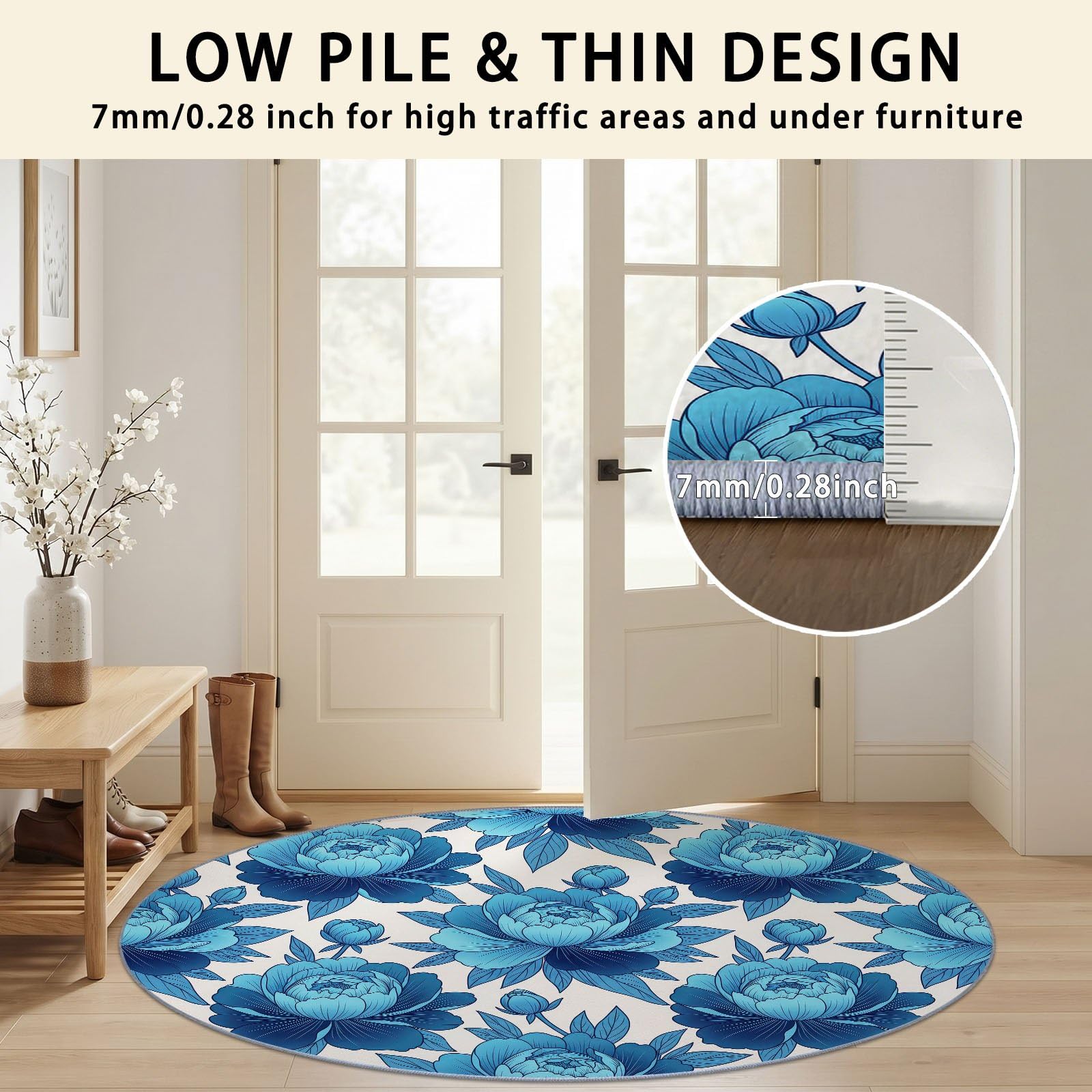 Tapis Rond Francais Campagne 120 cm, Pivoine Fleurs Feuilles Boutons Lavable en Machine pour Salon, Bleu Blanc Antidérapant, Poil Court Tapis Rond Imprimé pour Chambre d’Enfant Nurserie