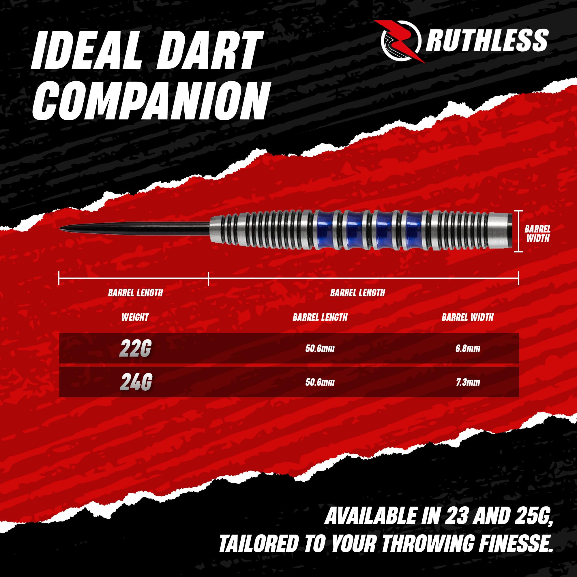 RUTHLESS Blue Falcon Jeu de fléchettes professionnelles en tungstène avec ailettes et tiges 23 g et 25 g