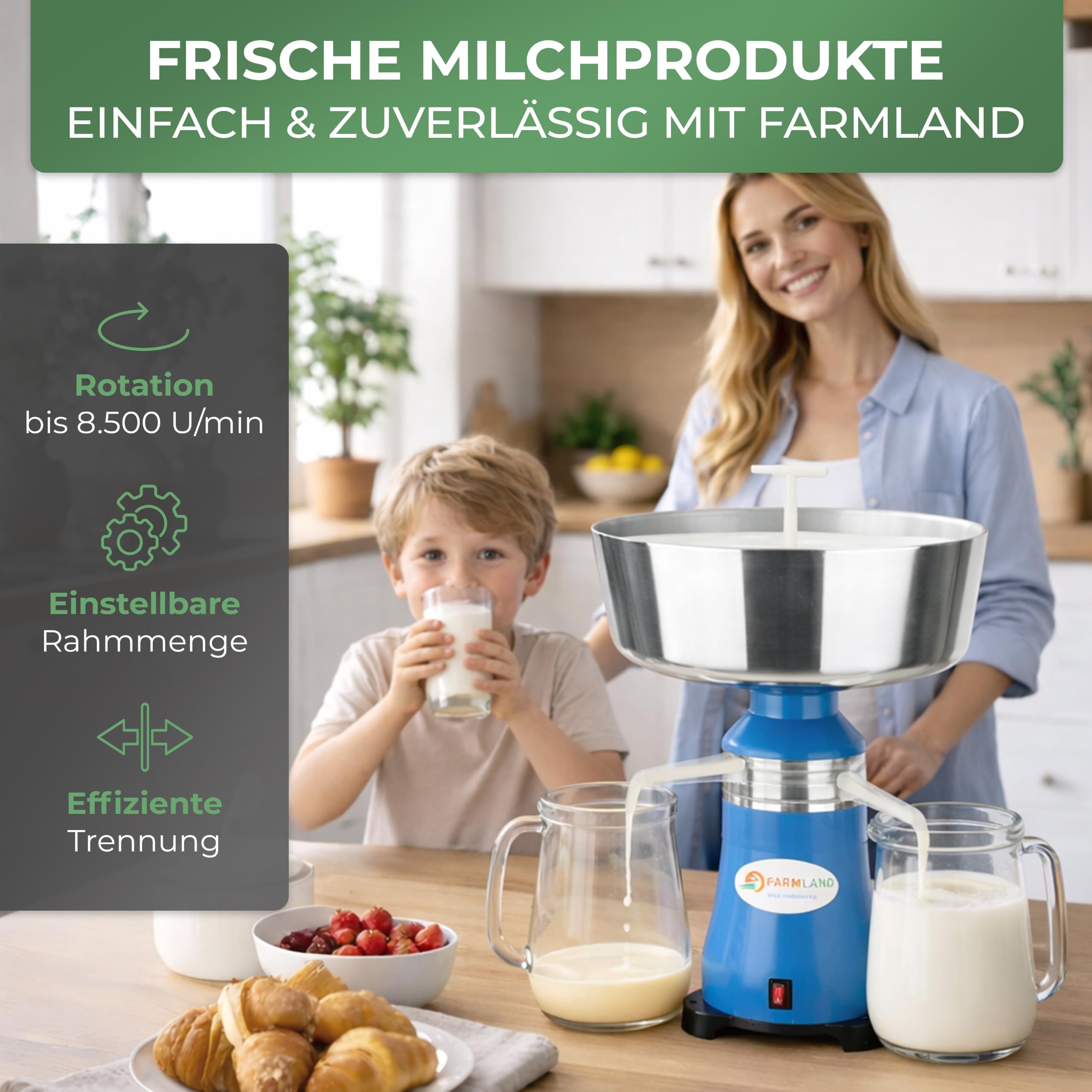 Farmland Milchzentrifuge elektrisch - Leistungsstarker Milchseparator für 90 l/h - Hochwertiger Milchabscheider - Zentrifuge Milch für Anfänger & Profis - Einstellbare Rahmmenge 7-10%
