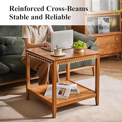 Miniatura 5 de Mesa auxiliar, mesa auxiliar cuadrada de madera maciza con estante de almacenamiento, mesa auxiliar de 2 niveles para sala de estar, mesa de sofá