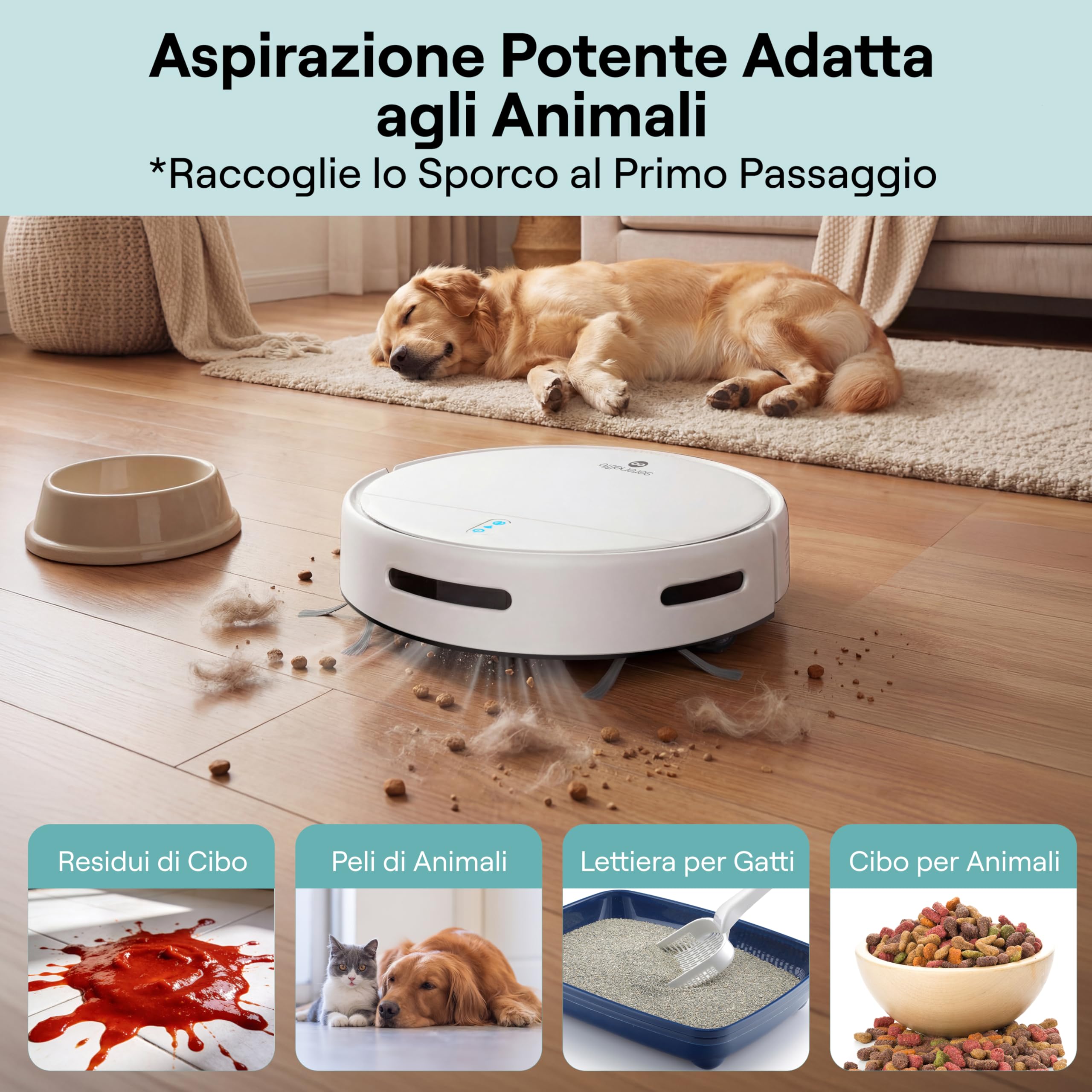 SereneLife Robottino Aspira e Lava Pavimenti, Robot Aspirapolvere con Controllo App, 3 Modalita, Sensori Anti-Caduta, Auto-Ricarica, per Pelo Animali e Pavimenti Duri, Casa, Ufficio, Bianco